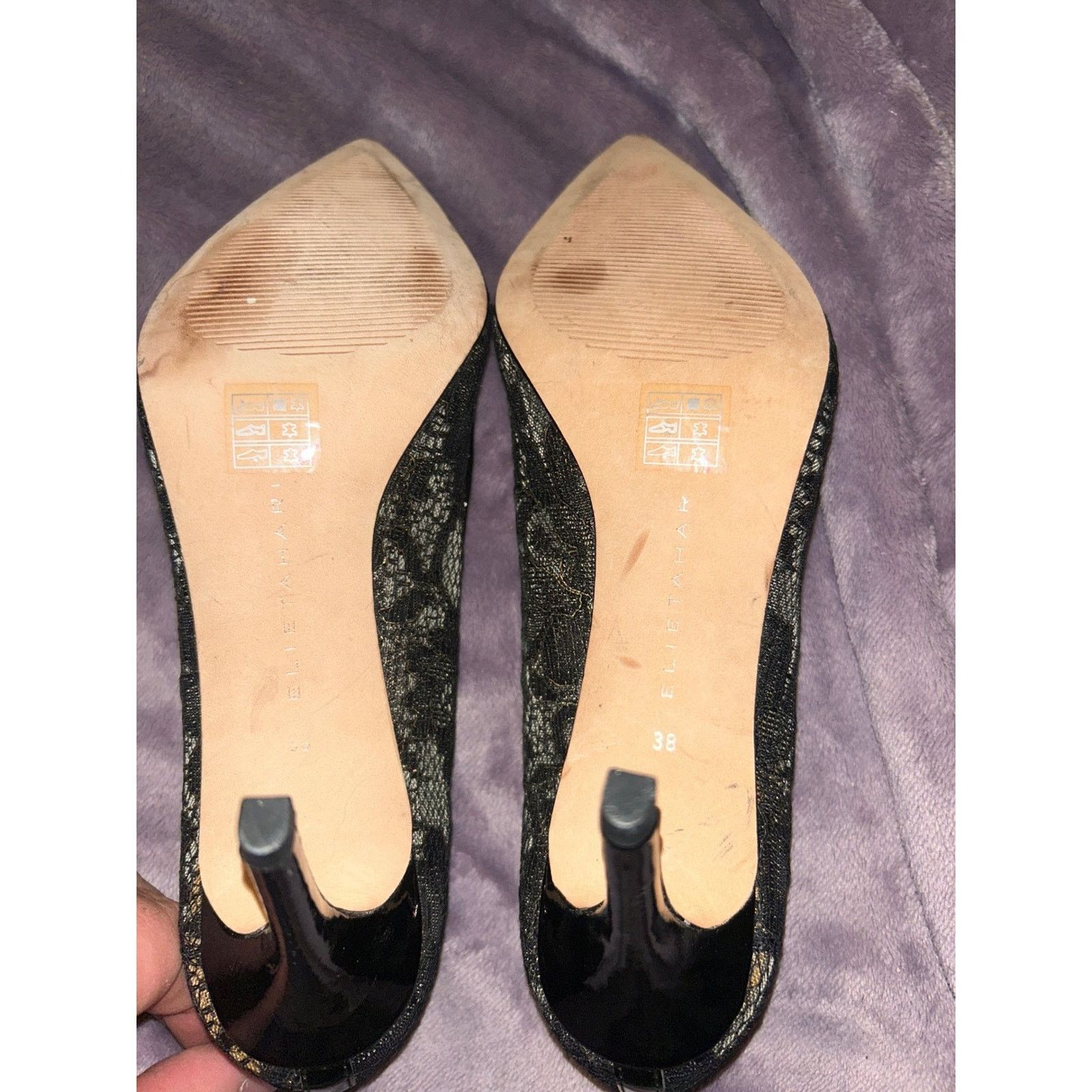 Elie Tahari Pointed Toe Heels Black With Gold Trim Lace Pump