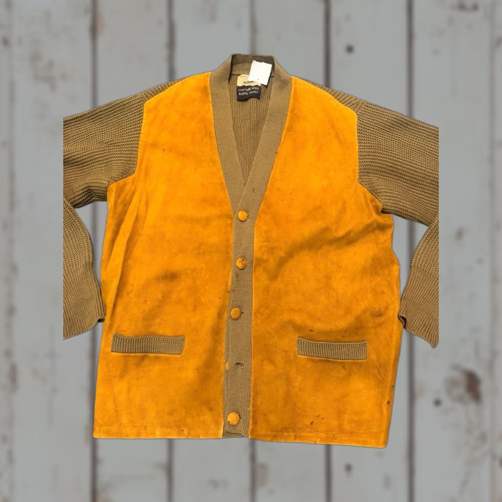 Vintage VINTAGE Wallachs 60's Suede Front Cardigan Sweater 100% Pure Wool Made in England Mens L Brown Knit Size L Size US L / EU 52-54 / 3 - 1 Thumbnail