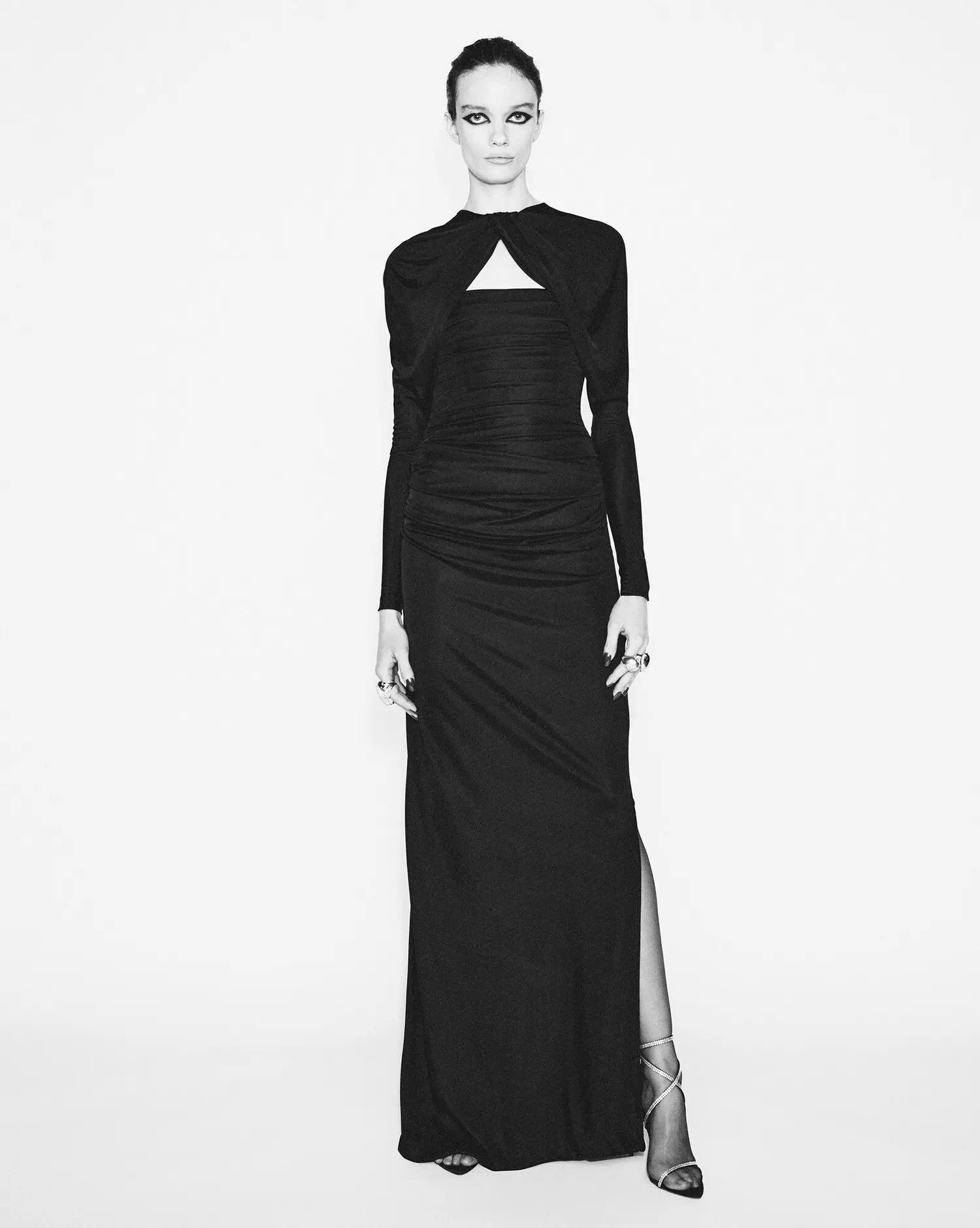 Saint Laurent Paris o1s1wg110225 716713 Long V-Neck Dress Shiny Jersey in Black Size M / US 6-8 / IT 42-44 - 3 Thumbnail