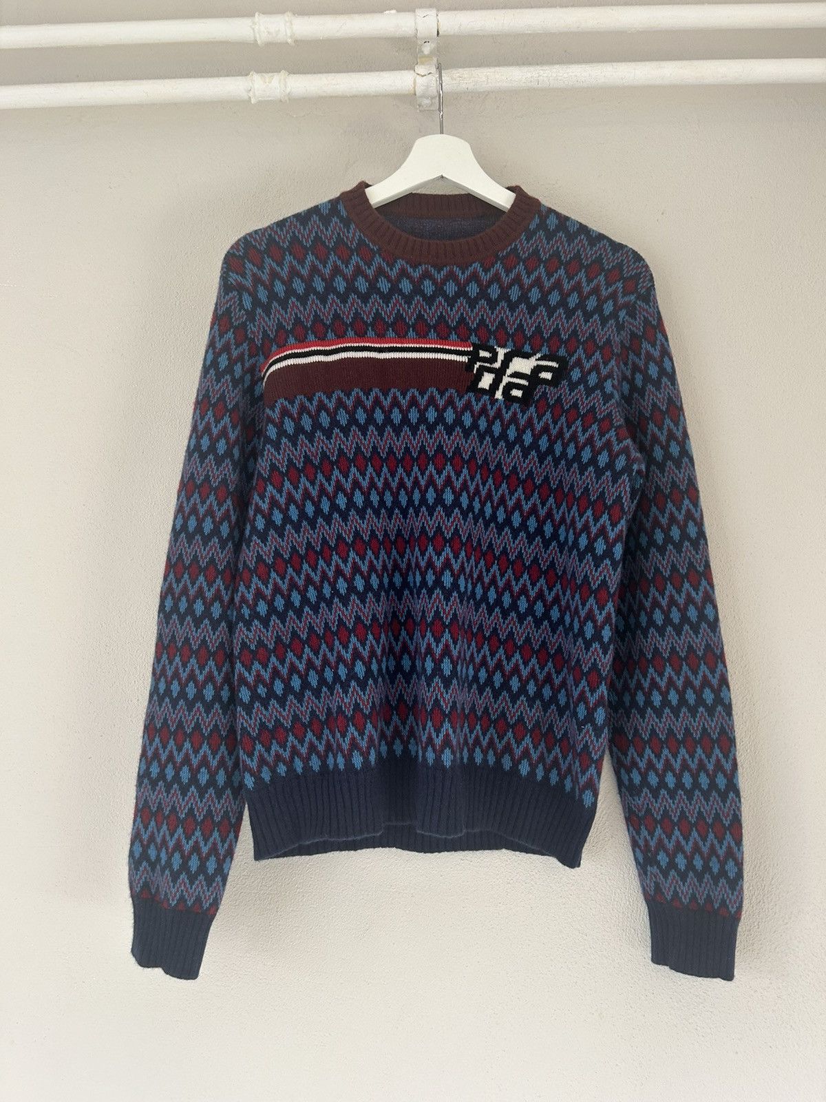 image of Prada Chevron Wool/cashmere Blend Sweater in Blue, Men's (Size Medium)