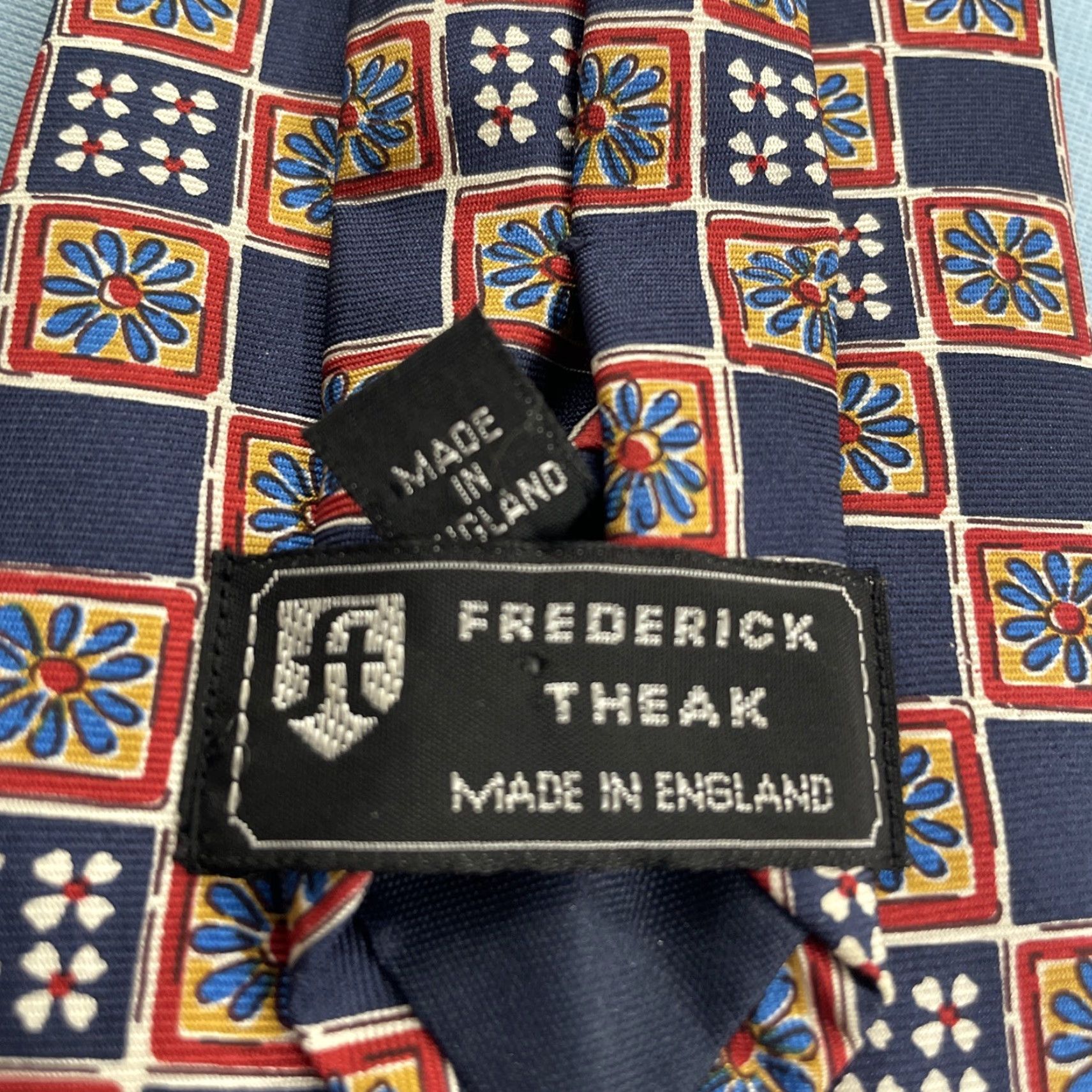 Vintage VINTAGE Frederick Theak Silk Tie England Navy Red Orange Macclesfield Neat Floral 3.7x57 Micro Print Foulard Business Wedding Church Neck Tie Mens Size ONE SIZE - 5 Thumbnail