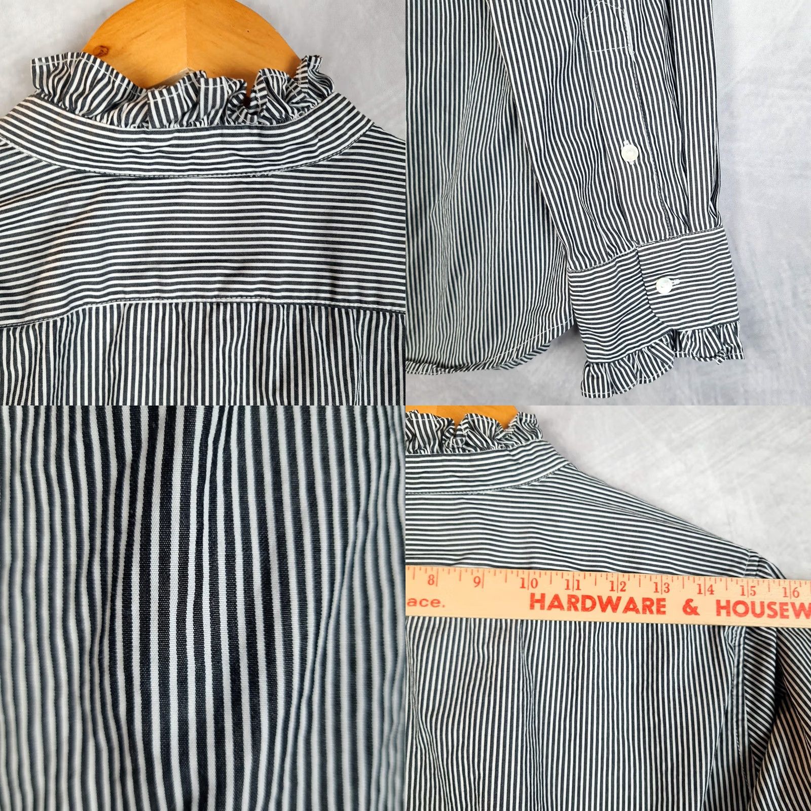 Nili Lotan Nili Lotan Blouse Womens Large Black White Striped Ruffle Neck Button Front Cuff Size L / US 10 / IT 46 - 9 Thumbnail