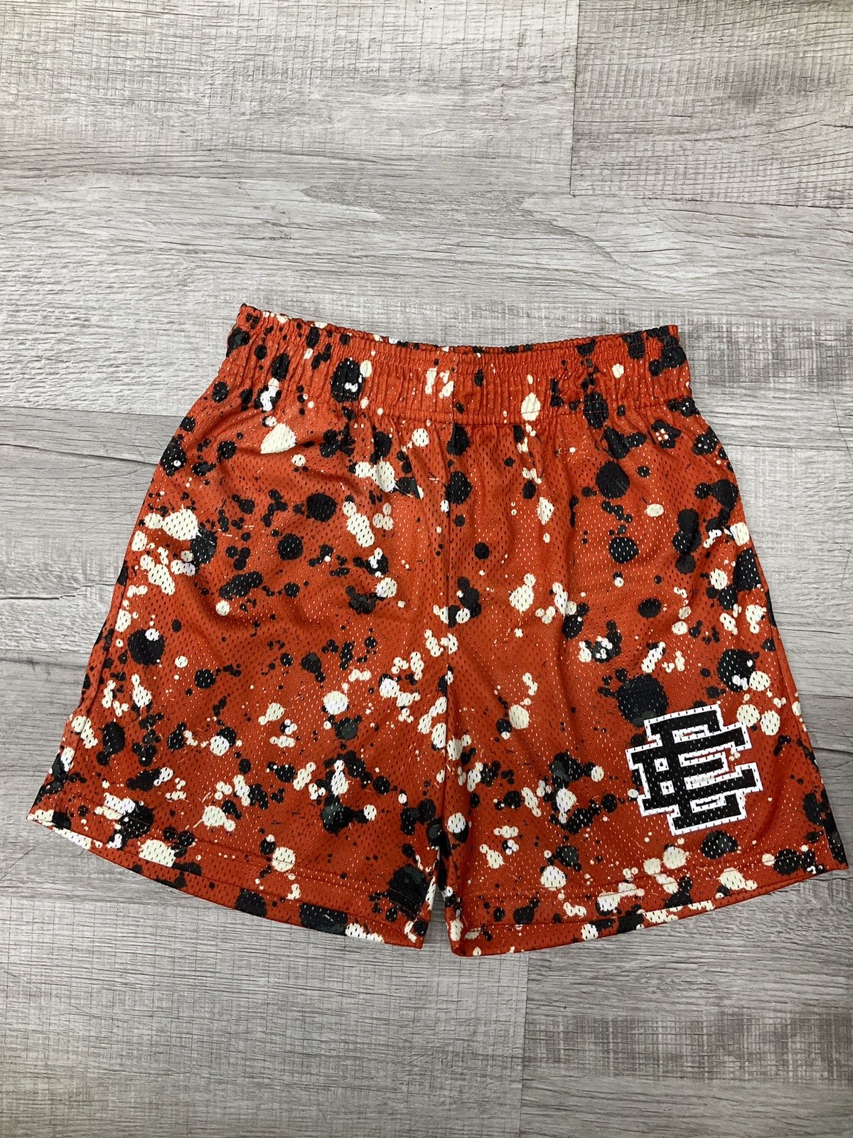 image of Eric Emanuel Ee Basic Mesh Shorts Paint Splatter Orange, Men's (Size 26)