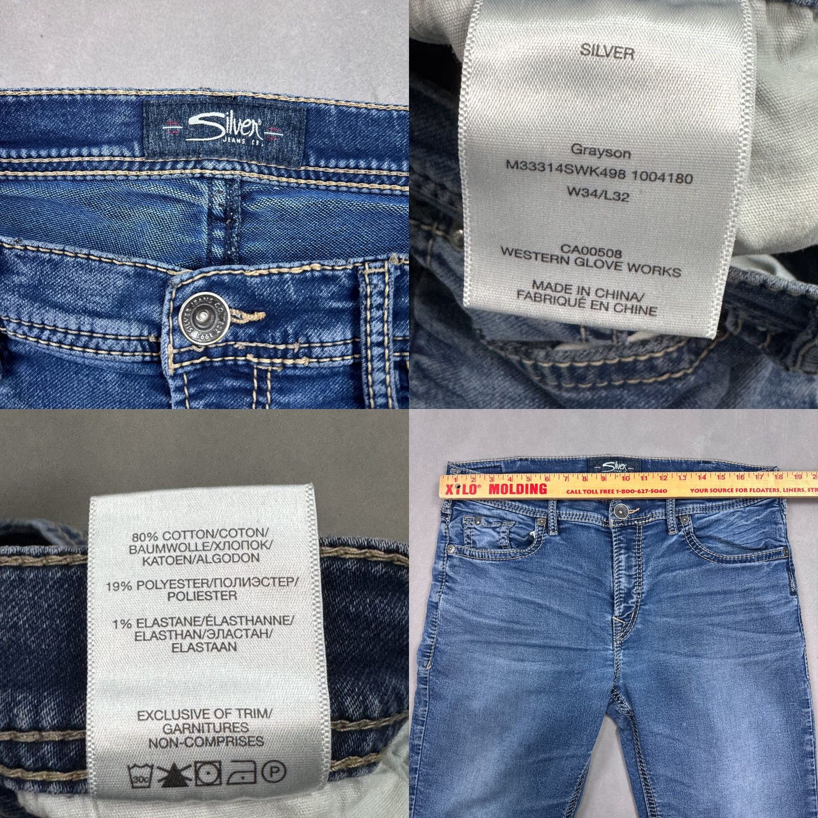 Silver Jeans Co. Silver Jeans Grayson 36x32 Blue Jeans Regular Adult Mens Distressed Stretch 5-Pocket Denim Cotton Blend Medium Wash Vintage No Size US 34 / EU 50 - 8 Thumbnail
