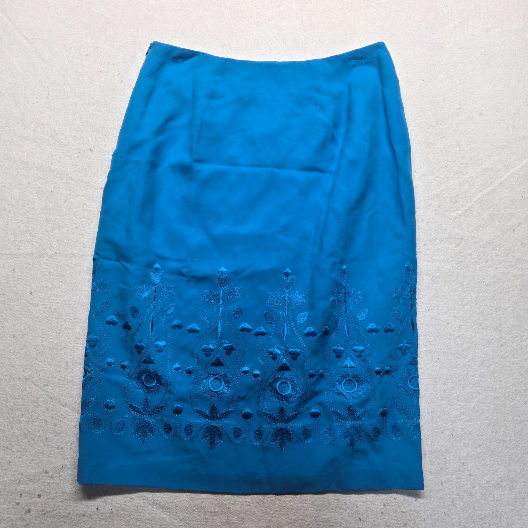 Vintage Sandra King Pencil Skirt Women's 8 Blue Silk Linen Embroidered Business Casual Size 30" / US 8 / IT 44 - 7 Thumbnail