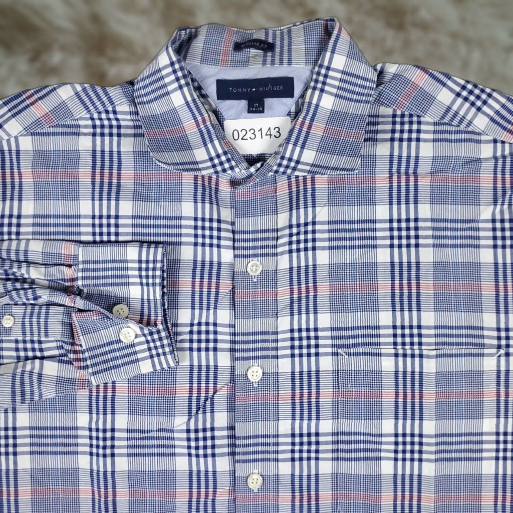 Tommy Hilfiger Tommy Hilfiger Dress Shirt Mens 17 Blue Plaid Long Sleeve Button Up 100% Cotton Classic Preppy Size 46R - 1 Thumbnail
