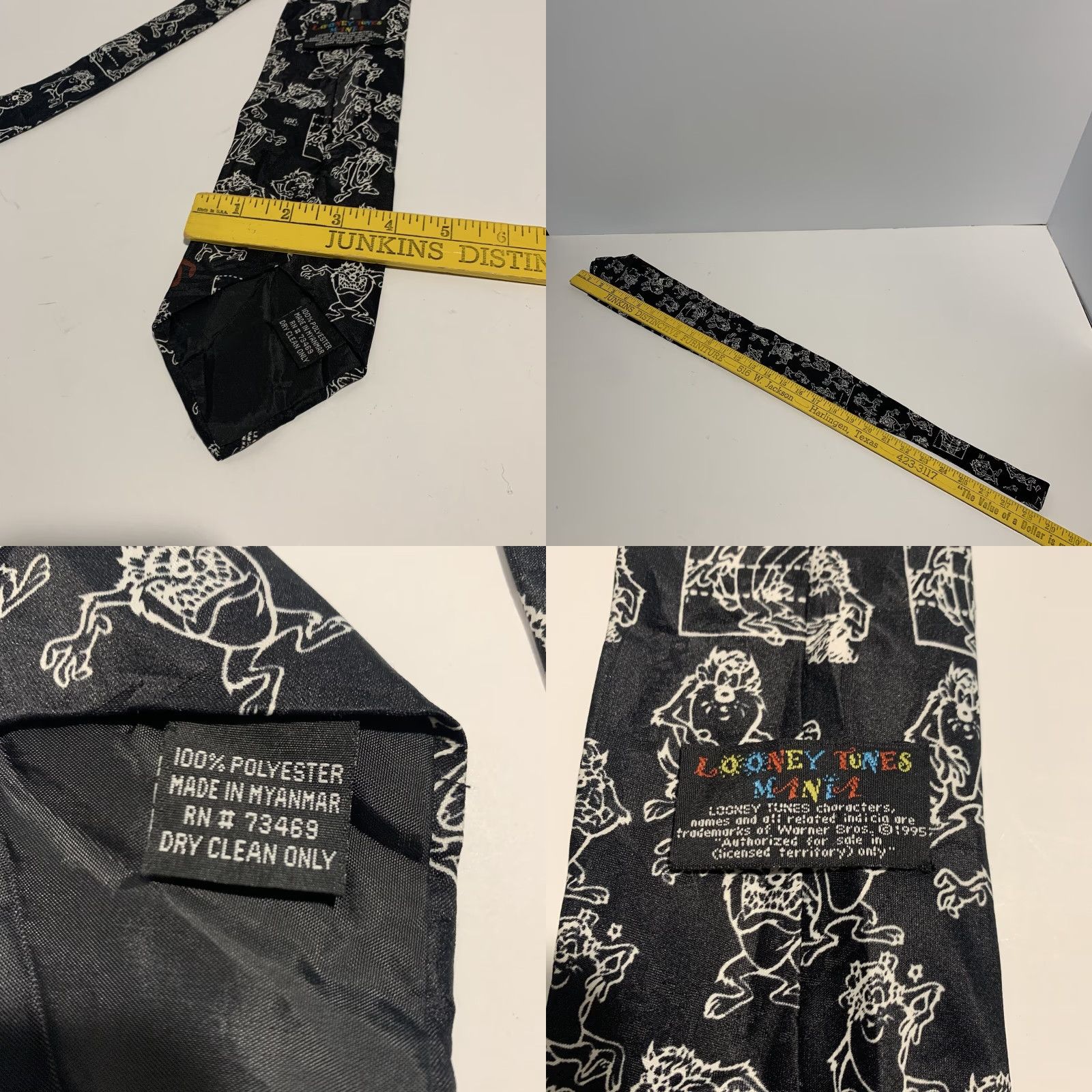Vintage VINTAGE Looney Tunes Taz Tie 1995 Men Tie Black Polyester 57"-60" Geometric Cartoon Size ONE SIZE - 9 Thumbnail