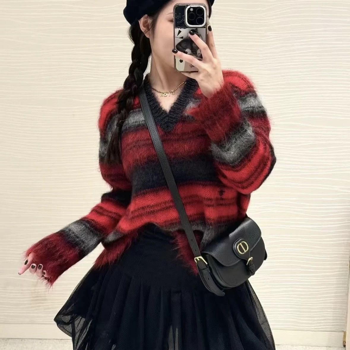 Christian Dior Monsieur Christian Dior 25FW Red-Black Stripe Mohair Bee Sweater 38 Size S / US 4 / IT 40 - 7 Thumbnail