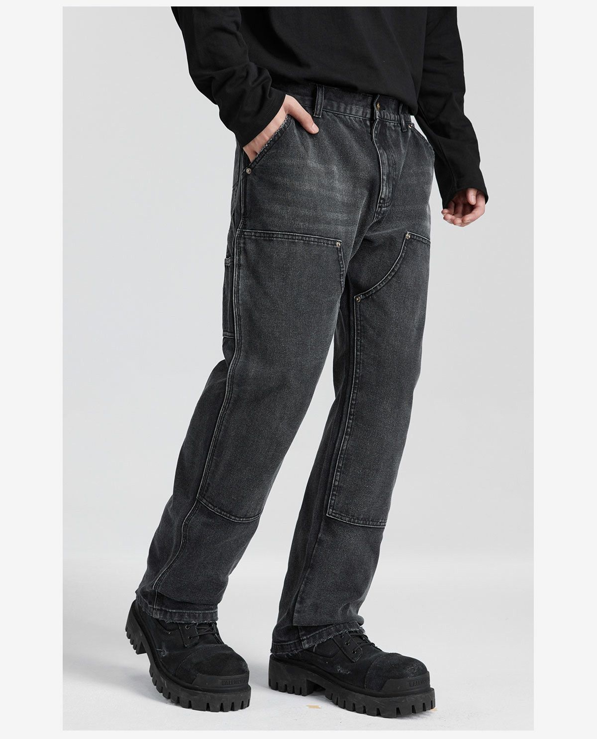 workwear double knee washed faded yuppie jeans