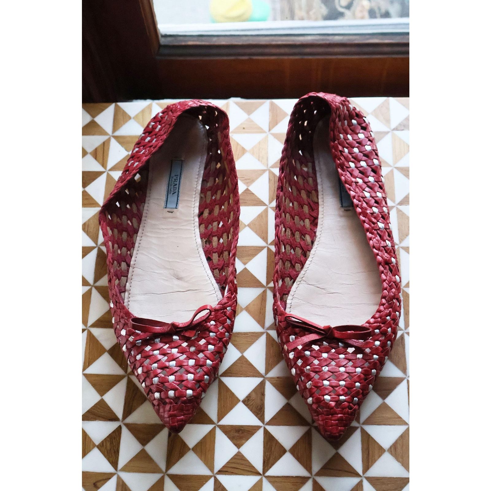 Prada Vintage PRADA Y2K Red + Metallic Silver Leather Woven Flats Size US 10 / IT 40 - 5 Thumbnail