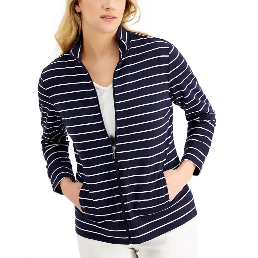 image of Karen Scott Petite Striped Mock-Neck Zip-Front Jacket, Deep in Deep Black, Women's