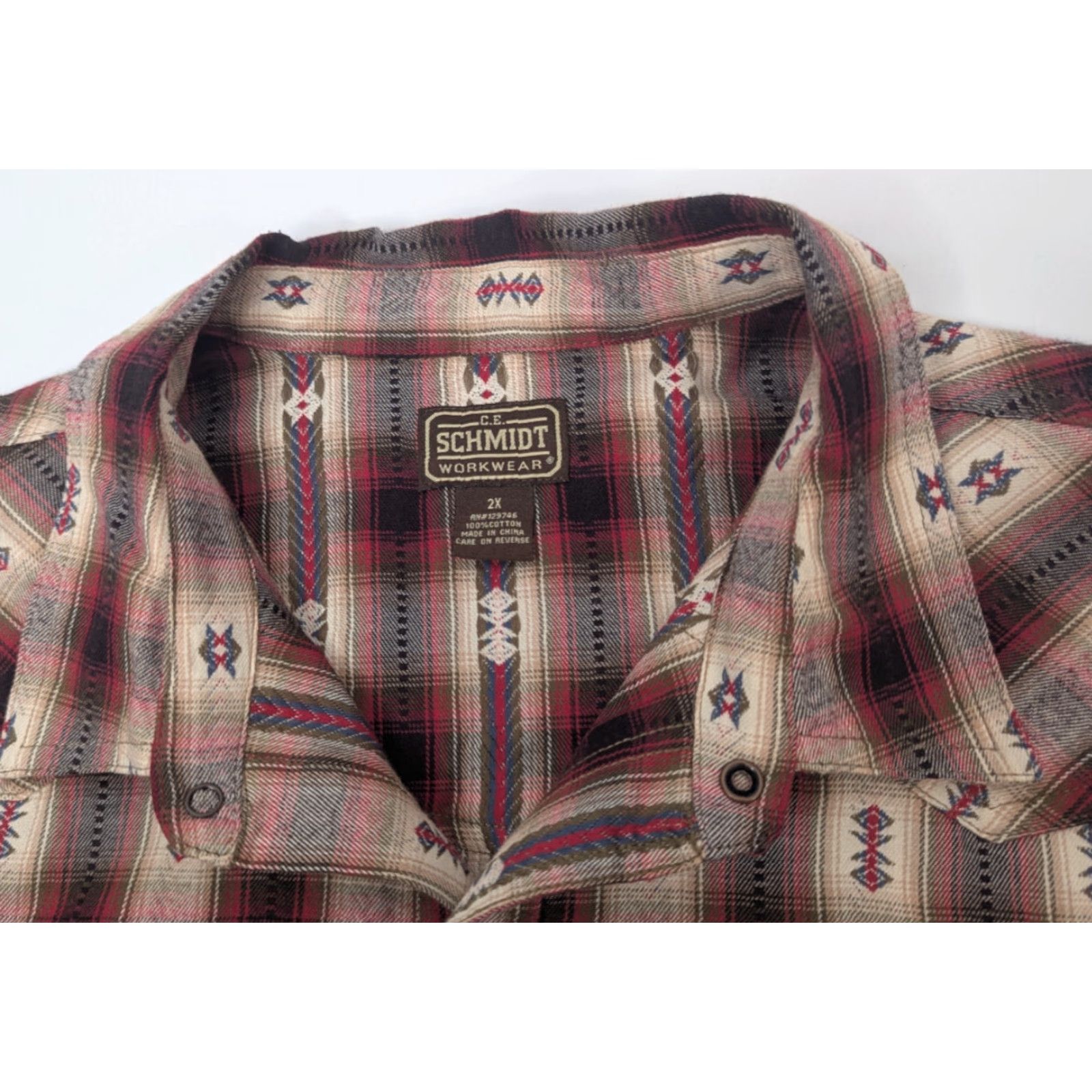Vintage C.E. Schmidt Shirt Adult 2X Red Geometric Western Button-Up Snap Pocket Easy Care Mens Size US XXL / EU 58 / 5 - 7 Thumbnail