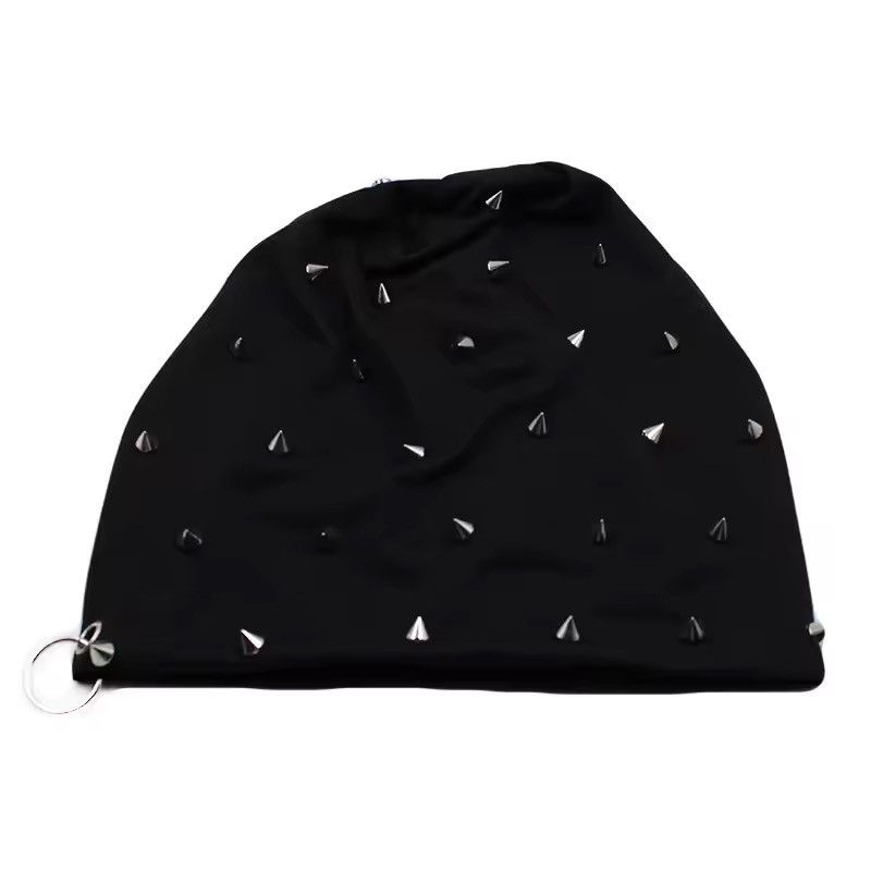Japanese Brand Punk Spiked Beanie - Black Studded Hat with Ring Size ONE SIZE - 2 Thumbnail