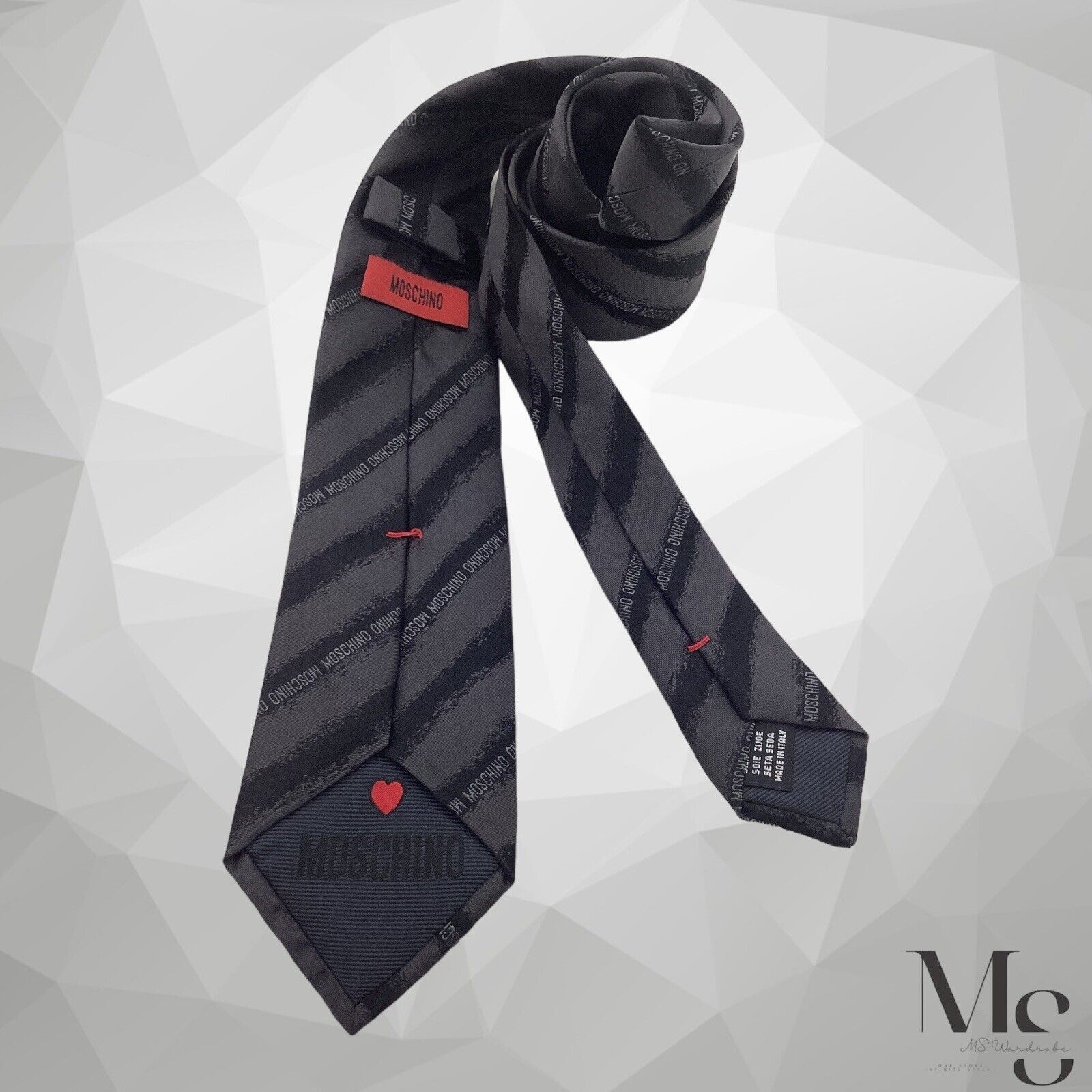 Moschino MOSCHINO Gray With Black Stripe Monogrammed Silk Tie Made In Size ONE SIZE - 2 Thumbnail