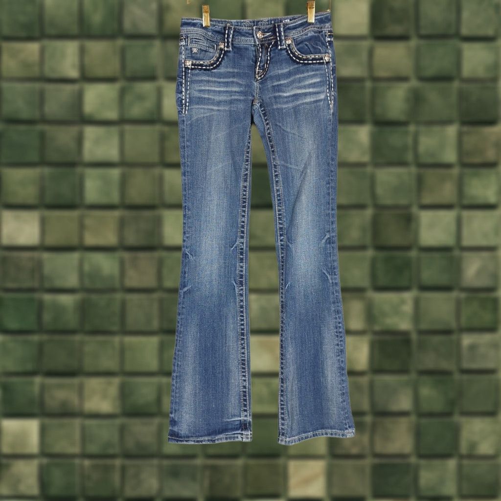 Miss Me Miss Me Jeans Womens 26 Blue Bootcut Denim Low Rise Medium Wash Rhinestone Studded Distressed Flawed Size 26" / US 2 / IT 38 - 1 Thumbnail