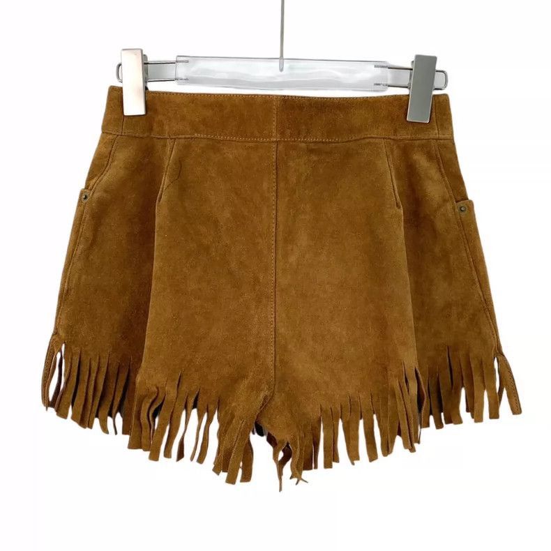 Saint Laurent Paris Saint Laurent Brown Fringed Leather Shorts-2506 Size 35" - 2 Thumbnail