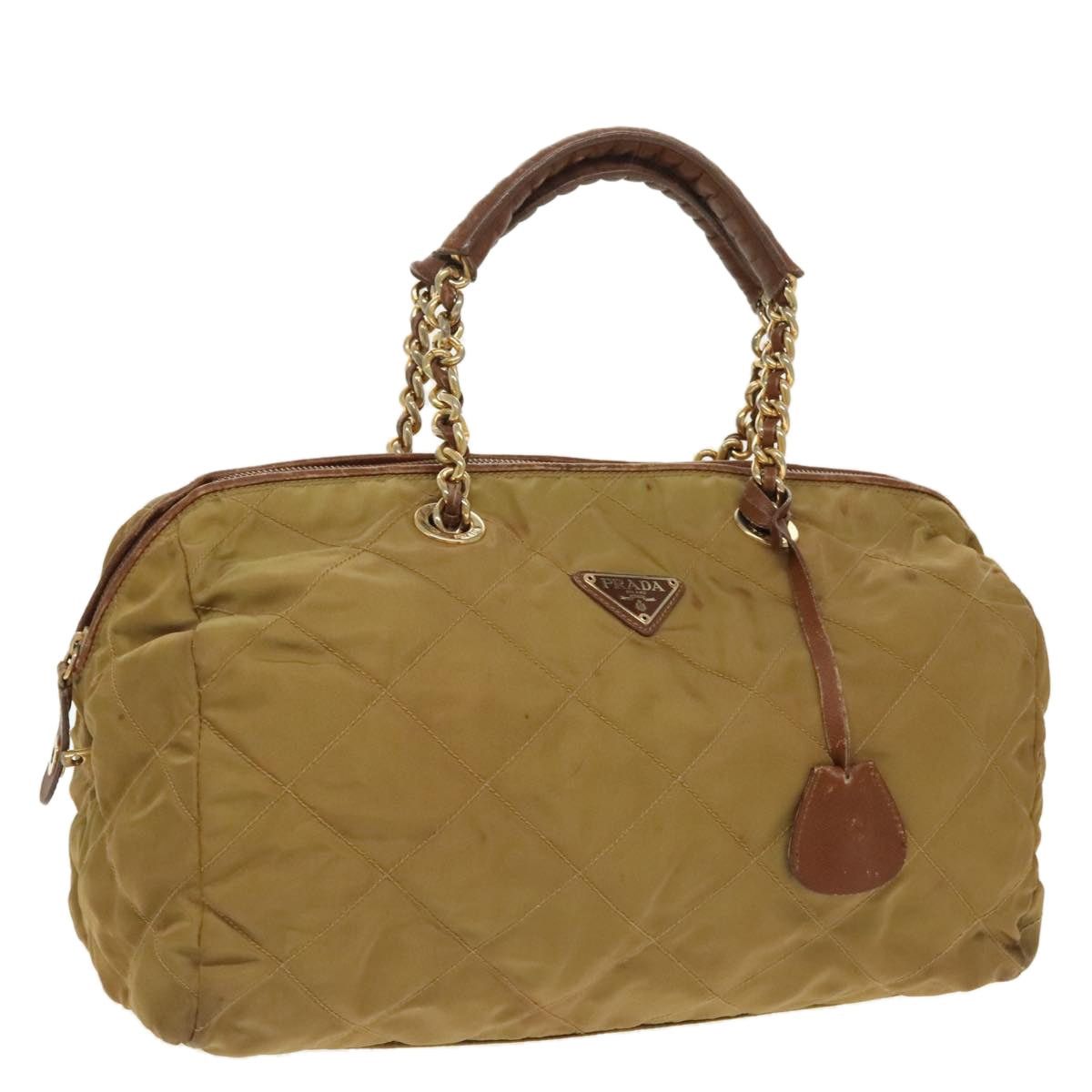 PRADA Chain Hand Bag Nylon Beige Gold
