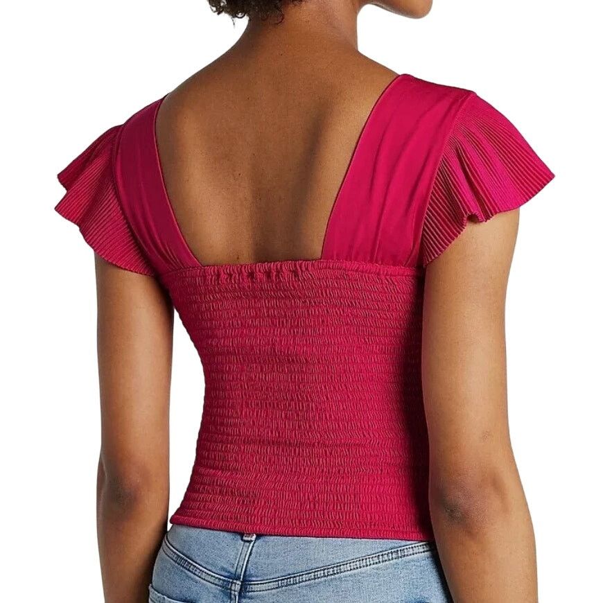 Express Express Pleated Flutter Sleeve Cropped Top in Pink, Size M Size M / US 6-8 / IT 42-44 - 3 Thumbnail