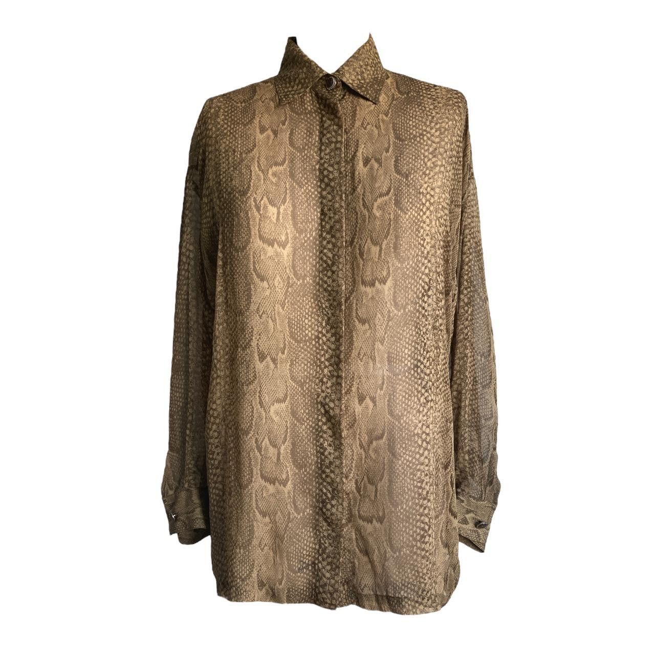 Image of Gianni Versace 90's Sheer Snakeskin Silk Button Up Shirt in Brown, Women's (Size Small)