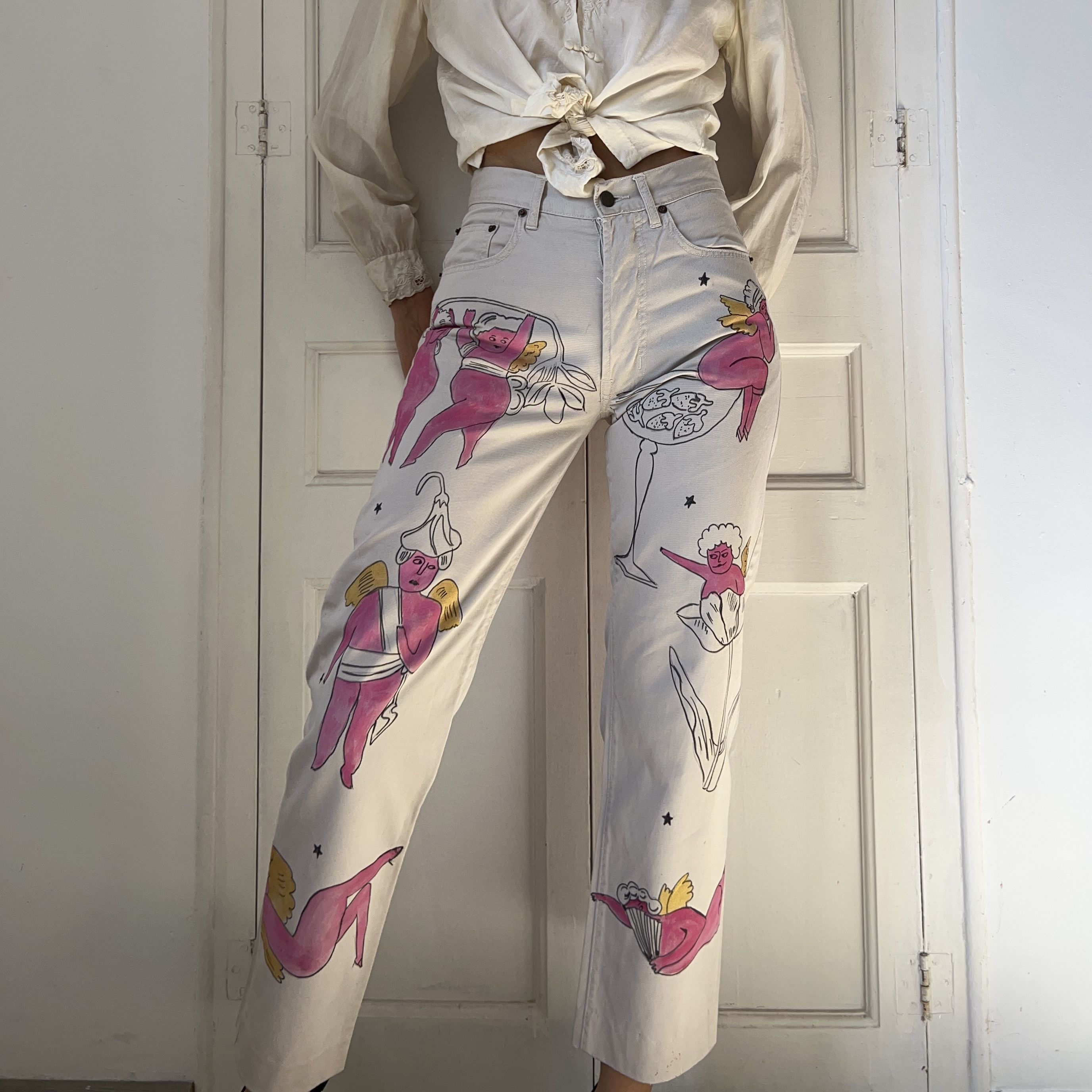 Custommade Hand-Painted Angels Cotton Trousers Size 30" / US 8 / IT 44 - 6 Thumbnail