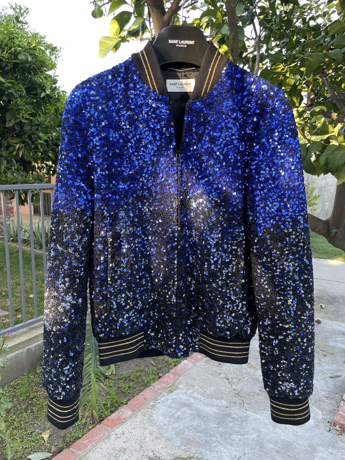 Saint Laurent Paris Saint Laurent Paris Teddy Varsity Sequin Bomber Jacket Blue Size US XS / EU 42 / 0 - 1 Thumbnail