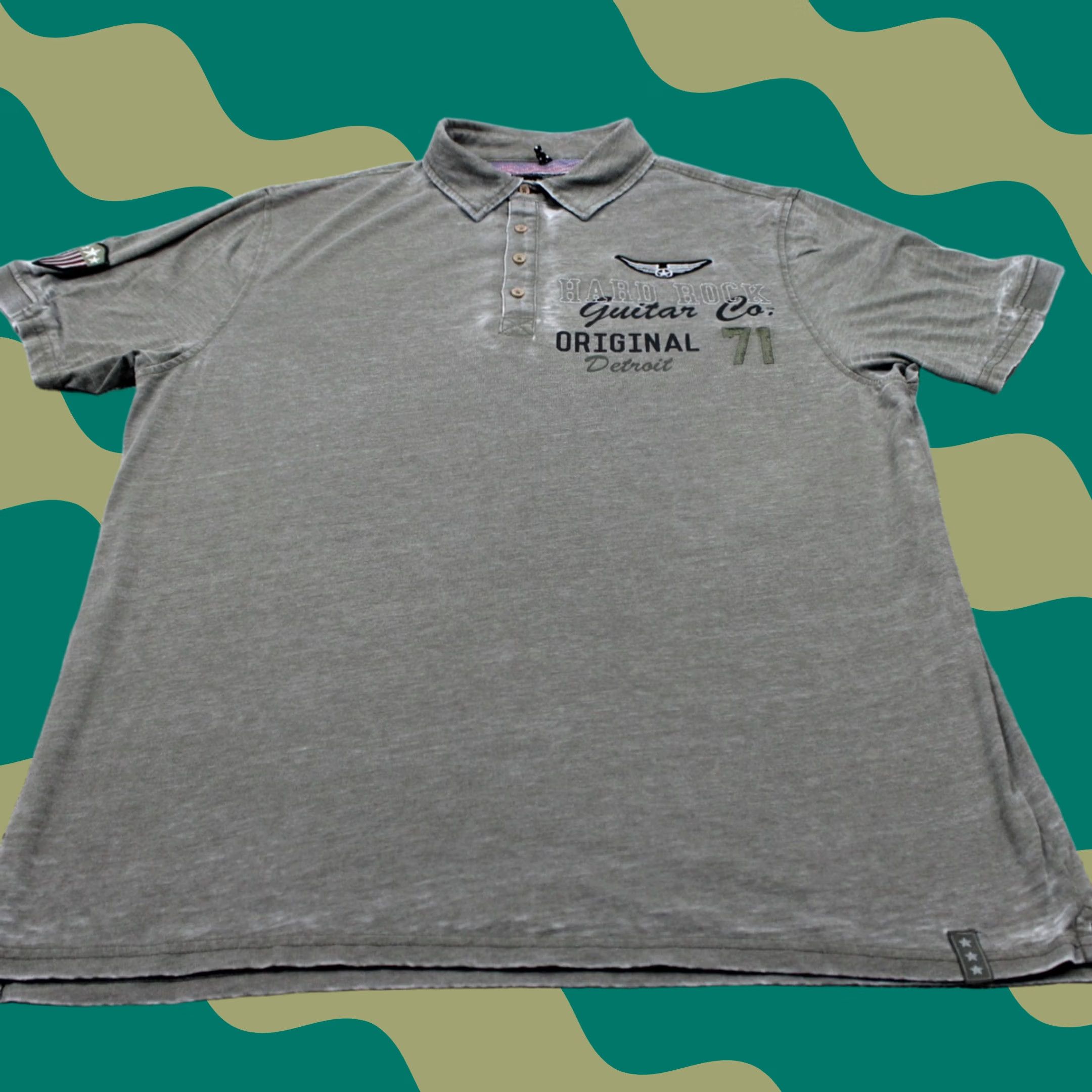 Vintage Hard Rock Guitar Polo Shirt Men 2XL Green Super Thin Cotton/Poly S/S Patched - Adult Mens Size US XXL / EU 58 / 5 - 1 Thumbnail