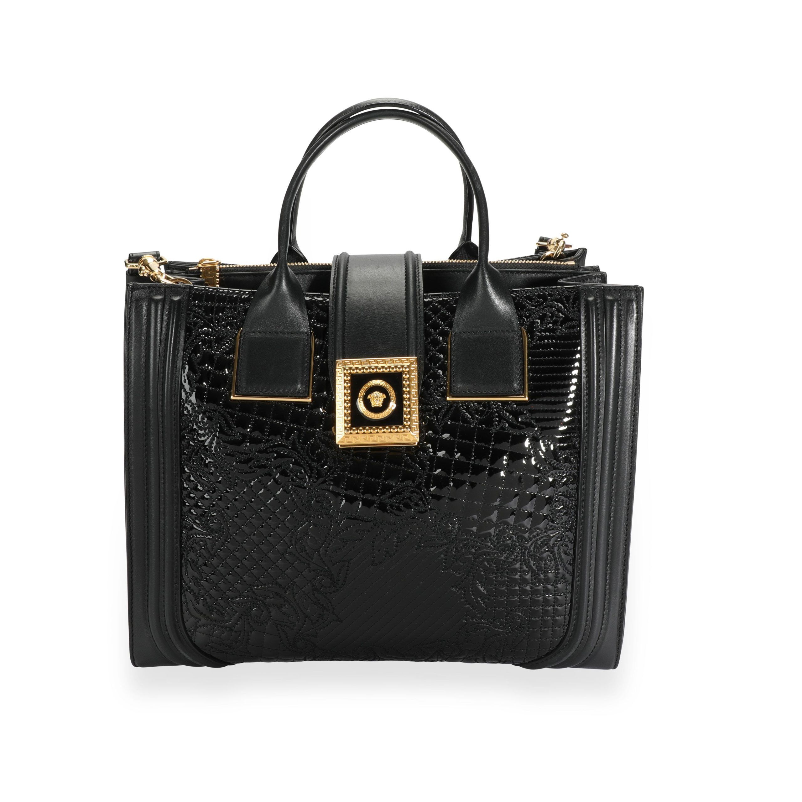 image of Versace Black Patent Leather Vanitas Icon Micro Tote, Women's