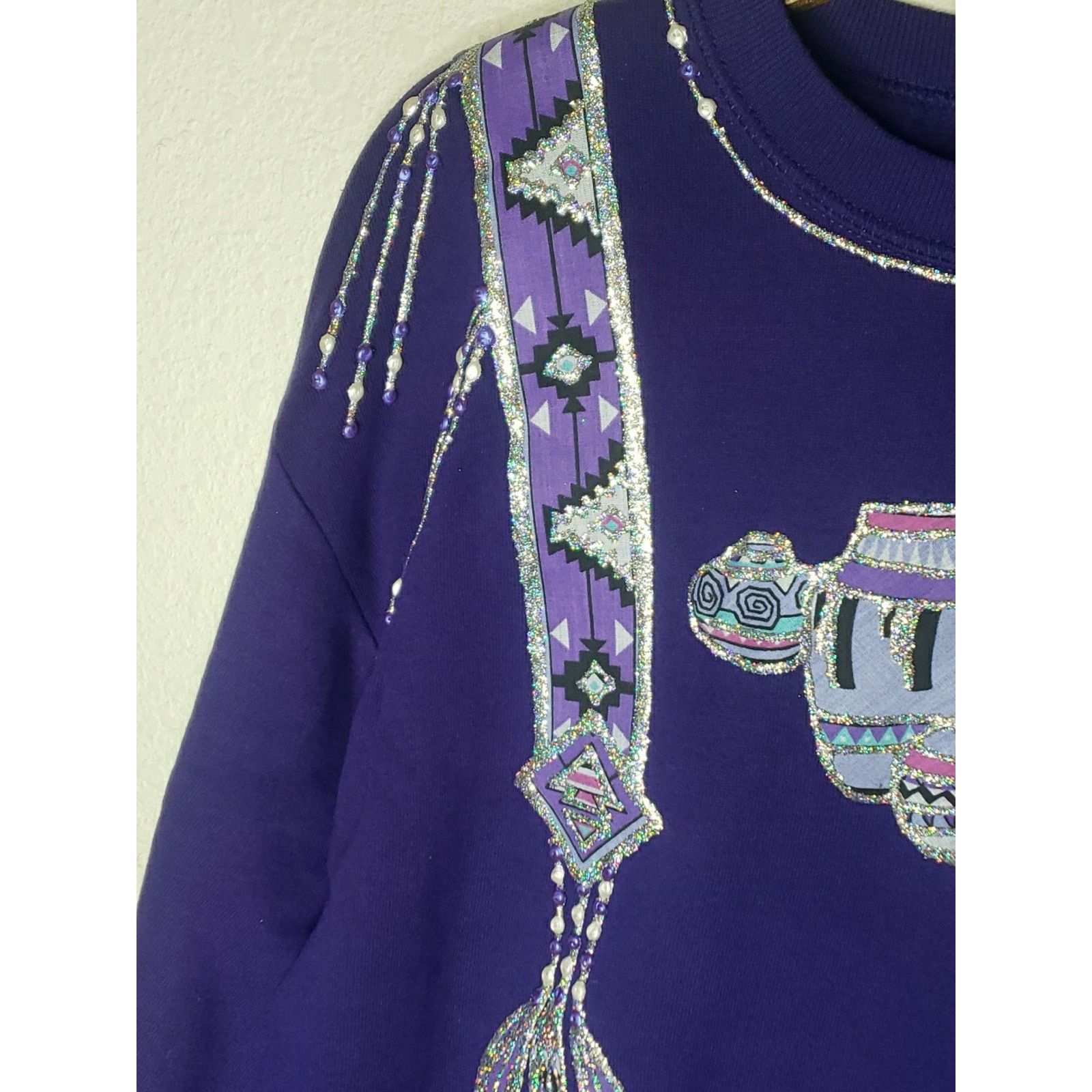Jerzees Vtg 80s Native American Feathers Sparkle Southwestern MEDIUM Size US M / EU 48-50 / 2 - 6 Thumbnail