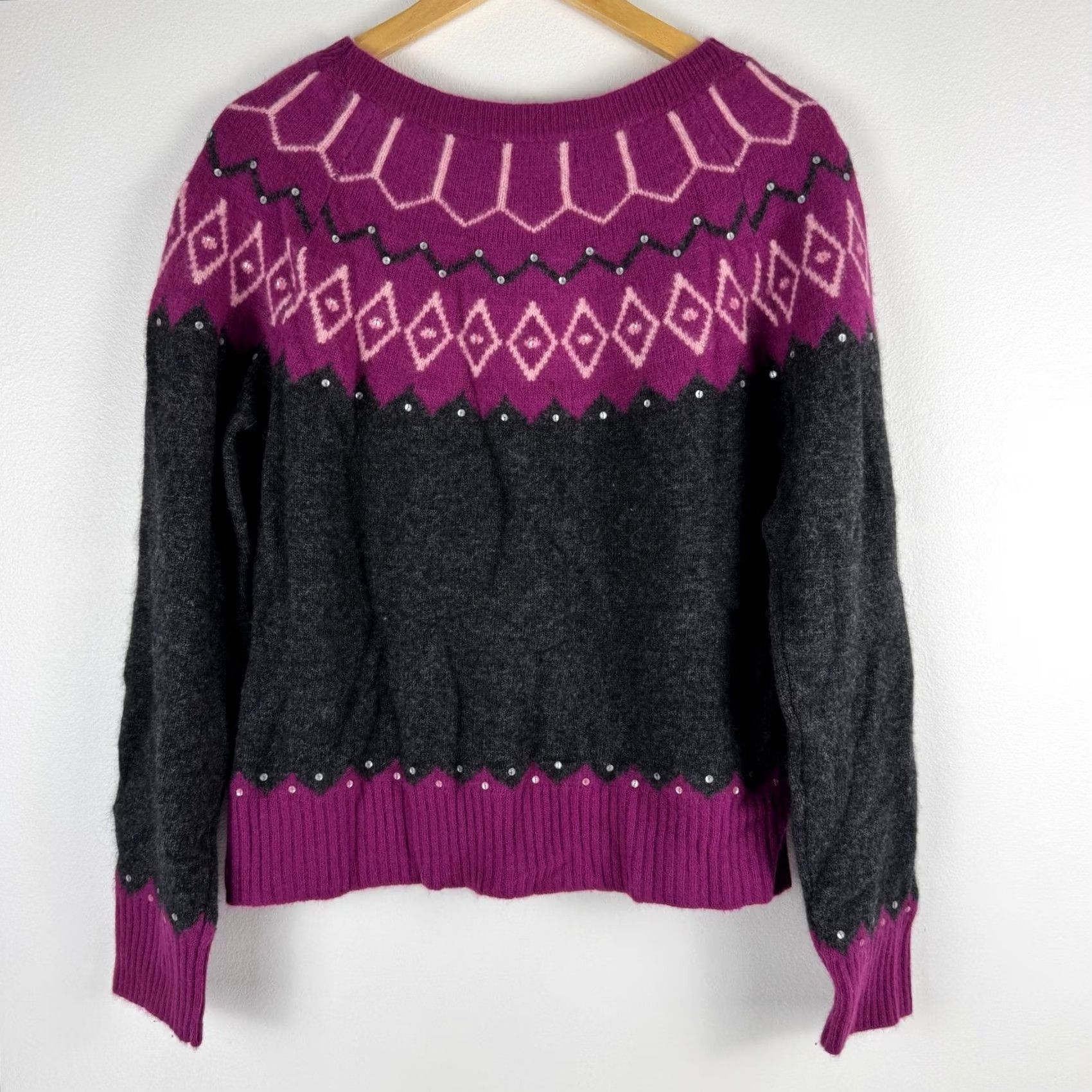 Vintage CONTEXT Sweater Womens XL Gray VTG Wool Angora Blend Fair Isle Sequin Magenta Charcoal Size XL / US 12-14 / IT 48-50 - 2 Thumbnail