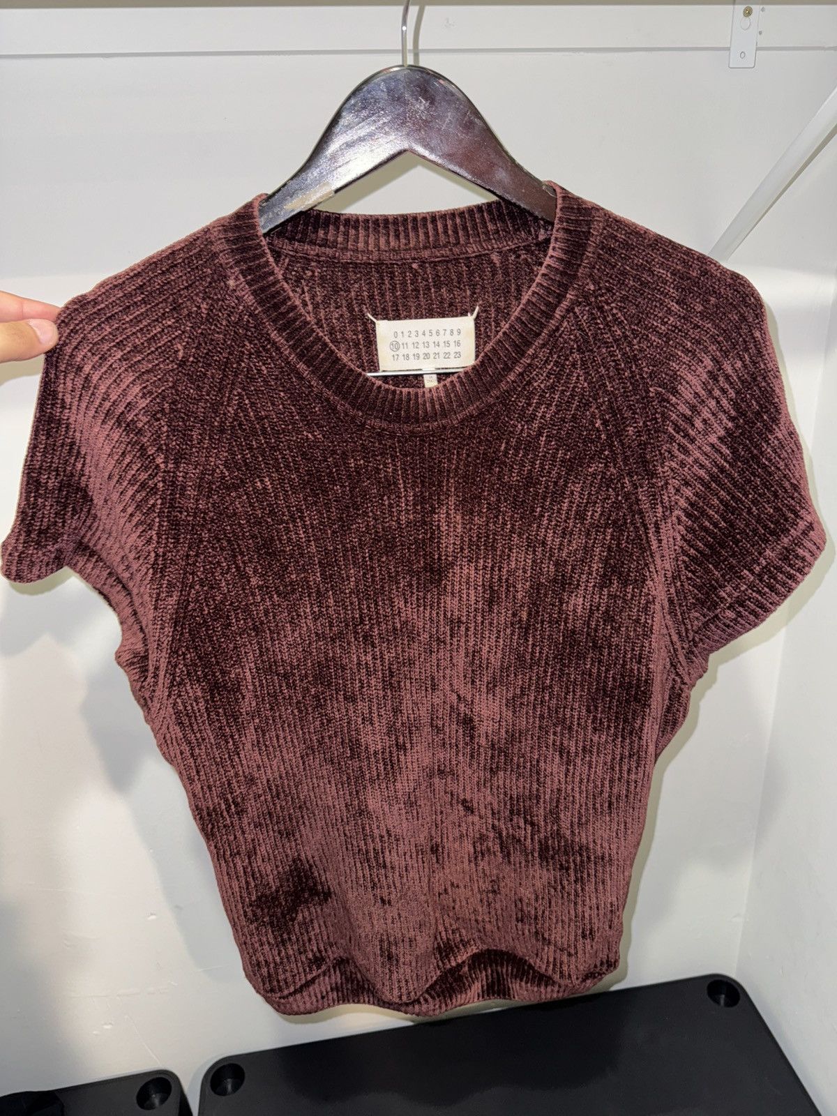 Maison margiela chenille knit short sleeve sweater burgundy