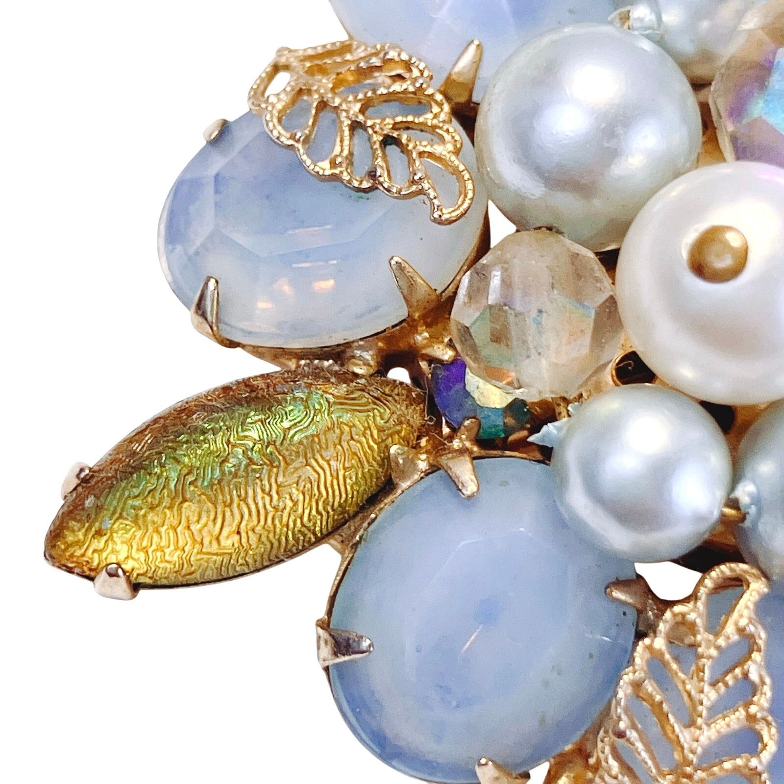 Vintage Mid Century Brooch Blue Glass Faux Pearl Rhinestone Cluster Size ONE SIZE - 3 Thumbnail