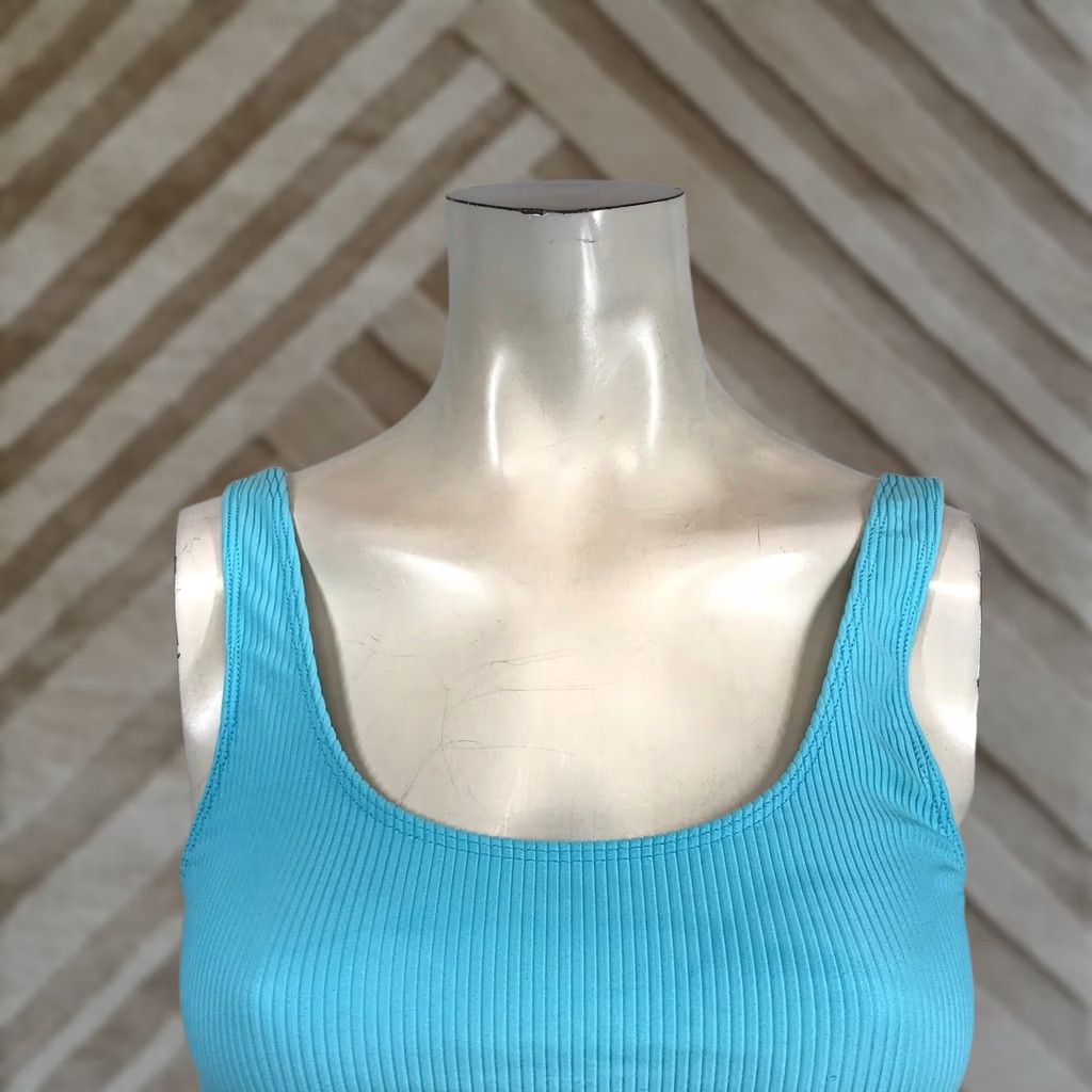 Vintage Frankies Bikinis Womens Small Blue Ribbed Scoop Neck Bikini Top Swimwear Size S / US 4 / IT 40 - 1 Thumbnail