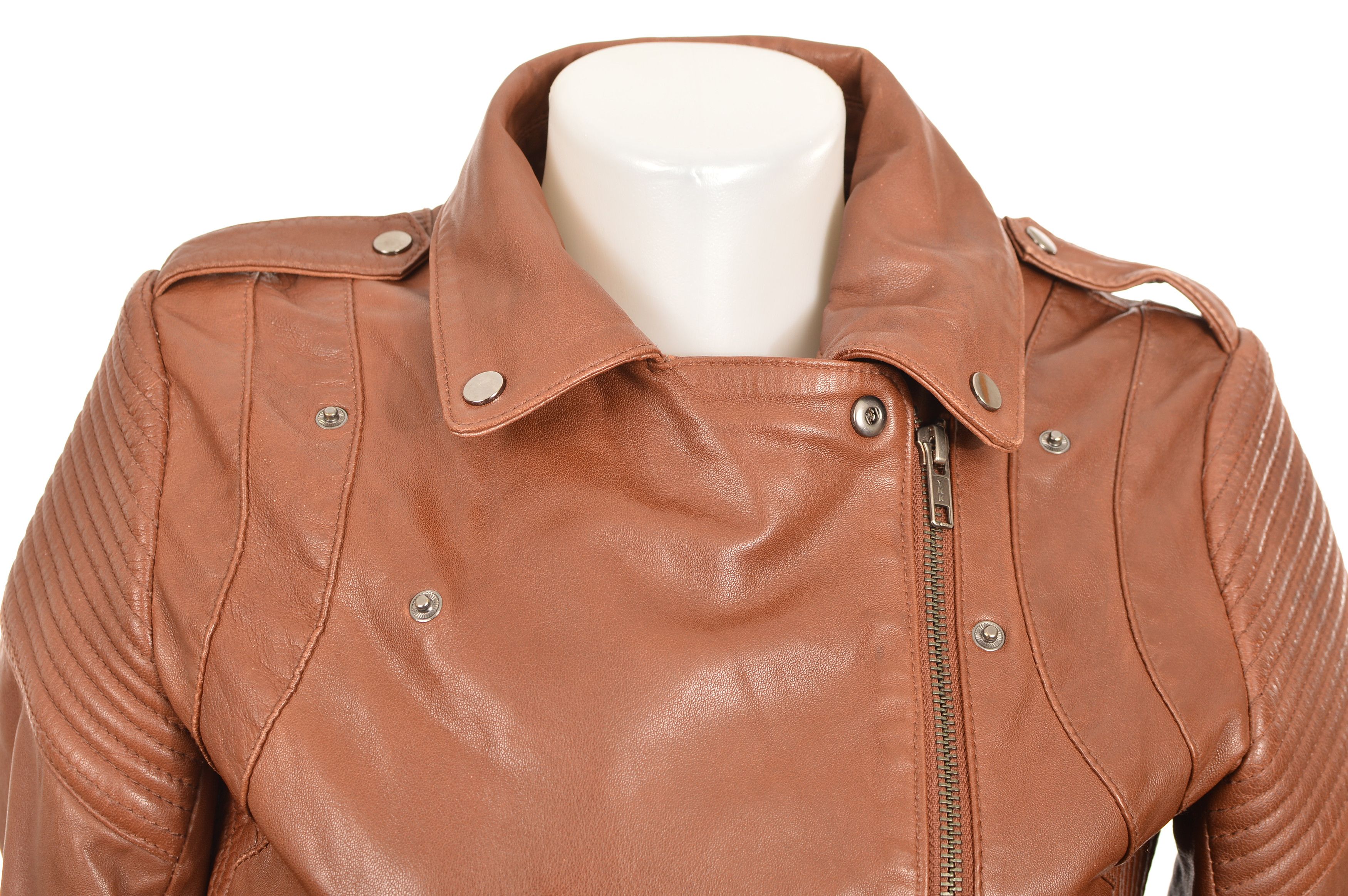 Vintage Naf Naf Womens Brown Leather Biker Jacket Size XXS / US 00 / IT 34 - 3 Thumbnail