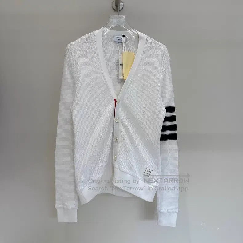 Thom Browne Thom Browne White Four Stripe Knit Cardigan Size US L / EU 52-54 / 3 - 1 Thumbnail