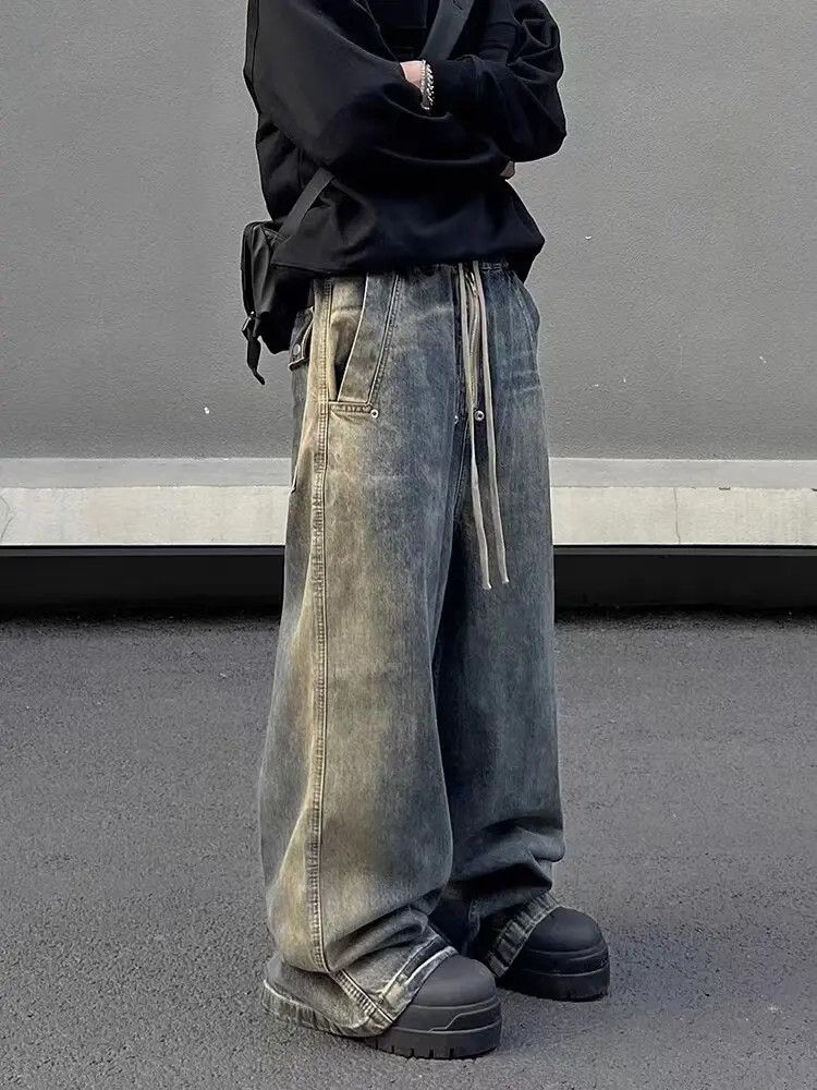 image of Retro Wash Gradient Drawstring Work Wide Leg Jeans in Dark Blue, Men's (Size 32)