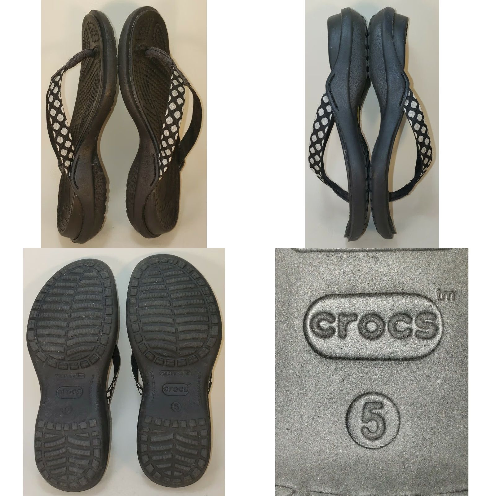 Crocs Crocs Women's Sandals Thong Flip Flops Size 5M Black White Polka Dot Straps Casual Womens Size US 5 / IT 35 - 8 Thumbnail