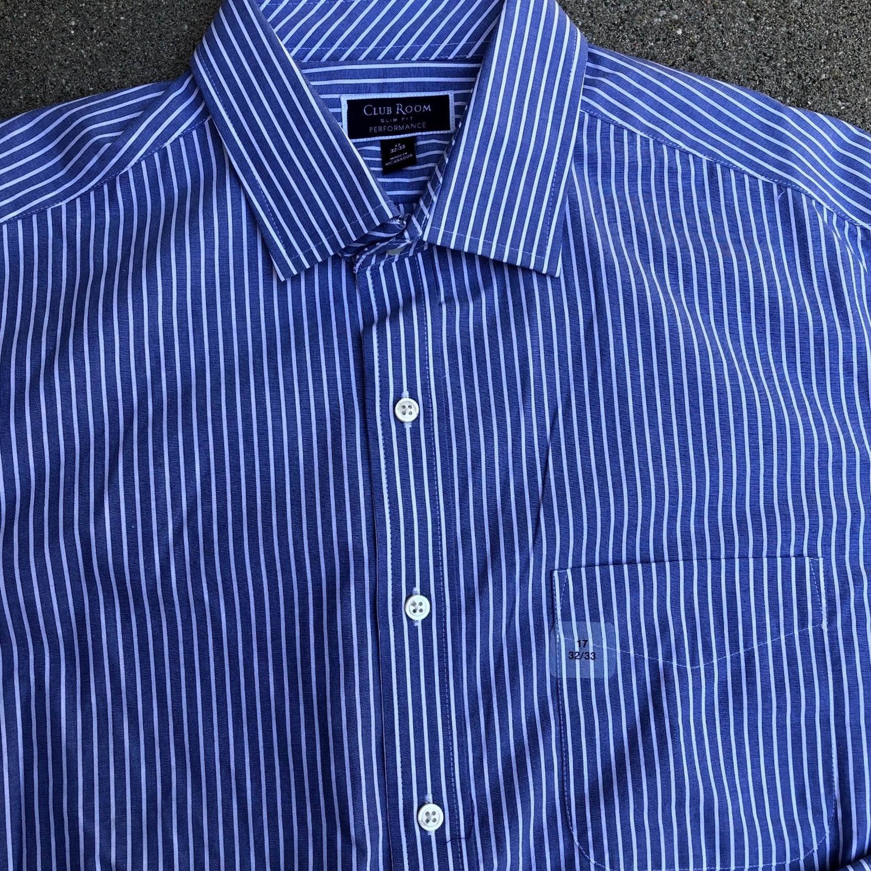 Club Room Club Room Slim Fit Performance Dress Shirt Men's 17 32/33 Striped Button Down Blue Size 46R - 2 Thumbnail