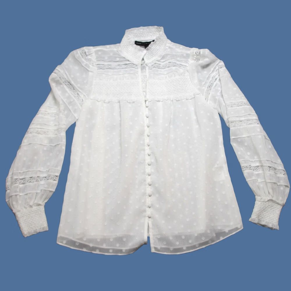 White House Black Market White House Black Market Blouse Womens Petite XS Sheer Swiss Dot Lace Button V-Neck Long Sleeve White Casual Party Top Size XS / US 0-2 / IT 36-38 - 1 Thumbnail