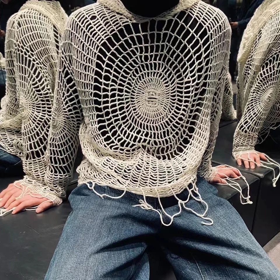Designer Y2K Spider Web with Holes Hooded Pullover Knitted Sweater Size US L / EU 52-54 / 3 - 2 Thumbnail