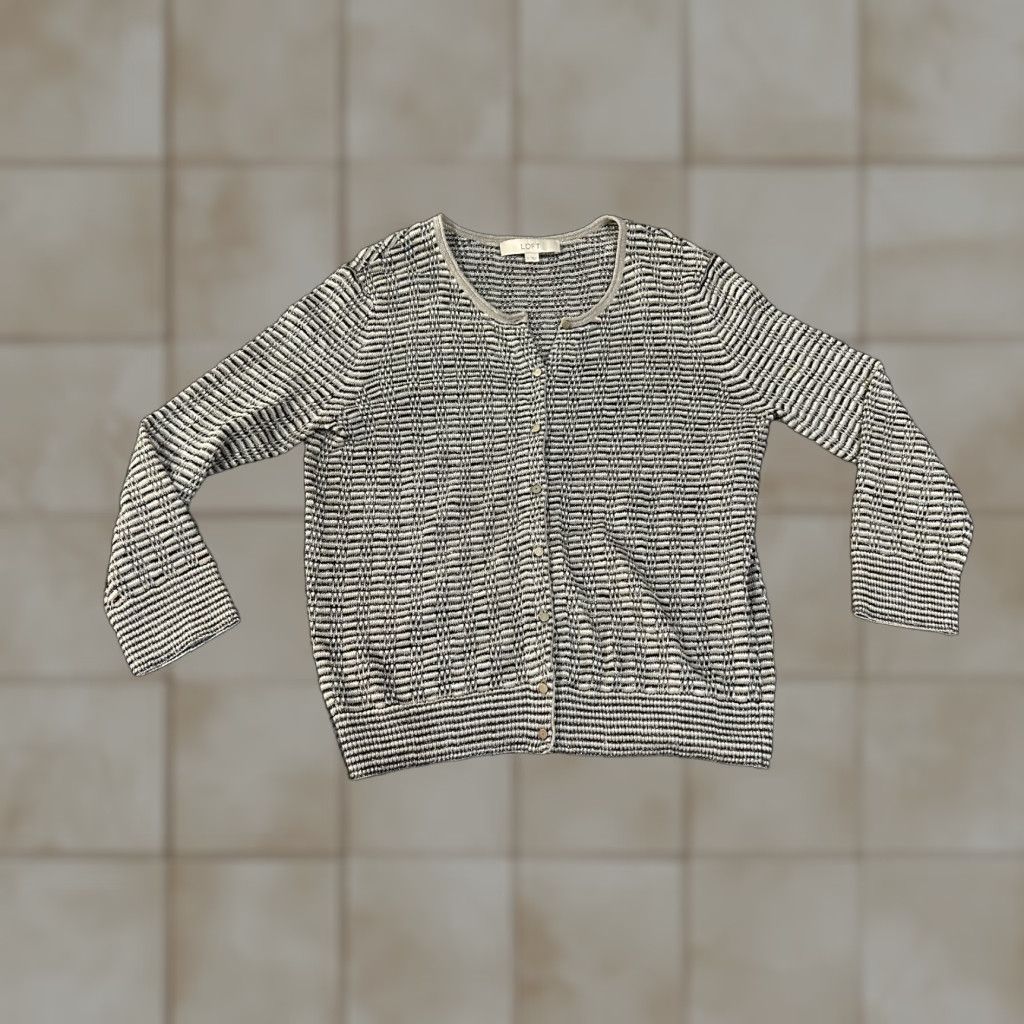 Loft LOFT Cardigan Womens Medium Gray White Striped Button Front Geometric Knit Crew Neck Rib Knit Casual Sleeve Regular Fall Winter Spring Size M / US 6-8 / IT 42-44 - 1 Thumbnail