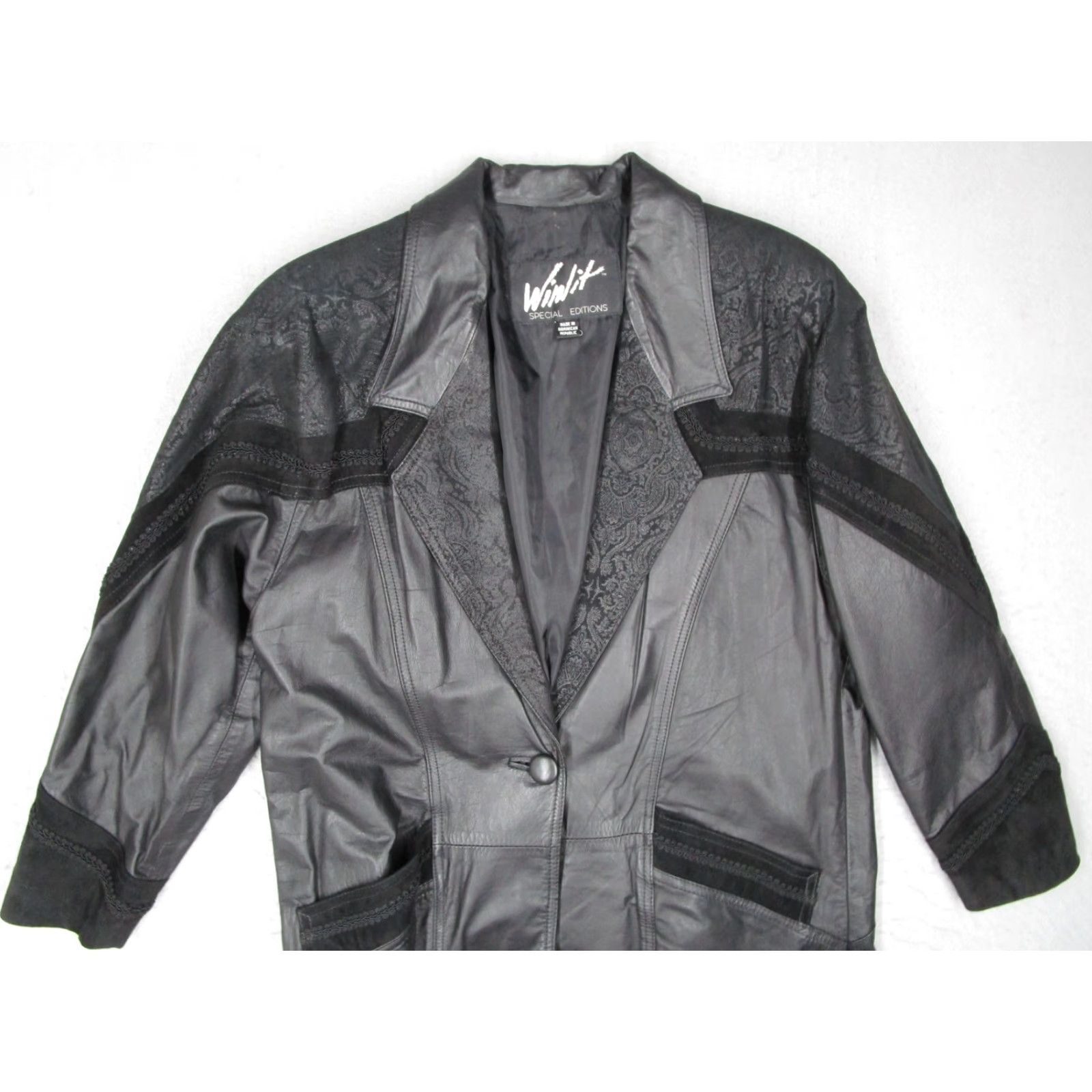 Vintage VINTAGE Winlit Leather Coat Womens Medium Black Embroidered Long Jacket 90s Size M / US 6-8 / IT 42-44 - 2 Thumbnail