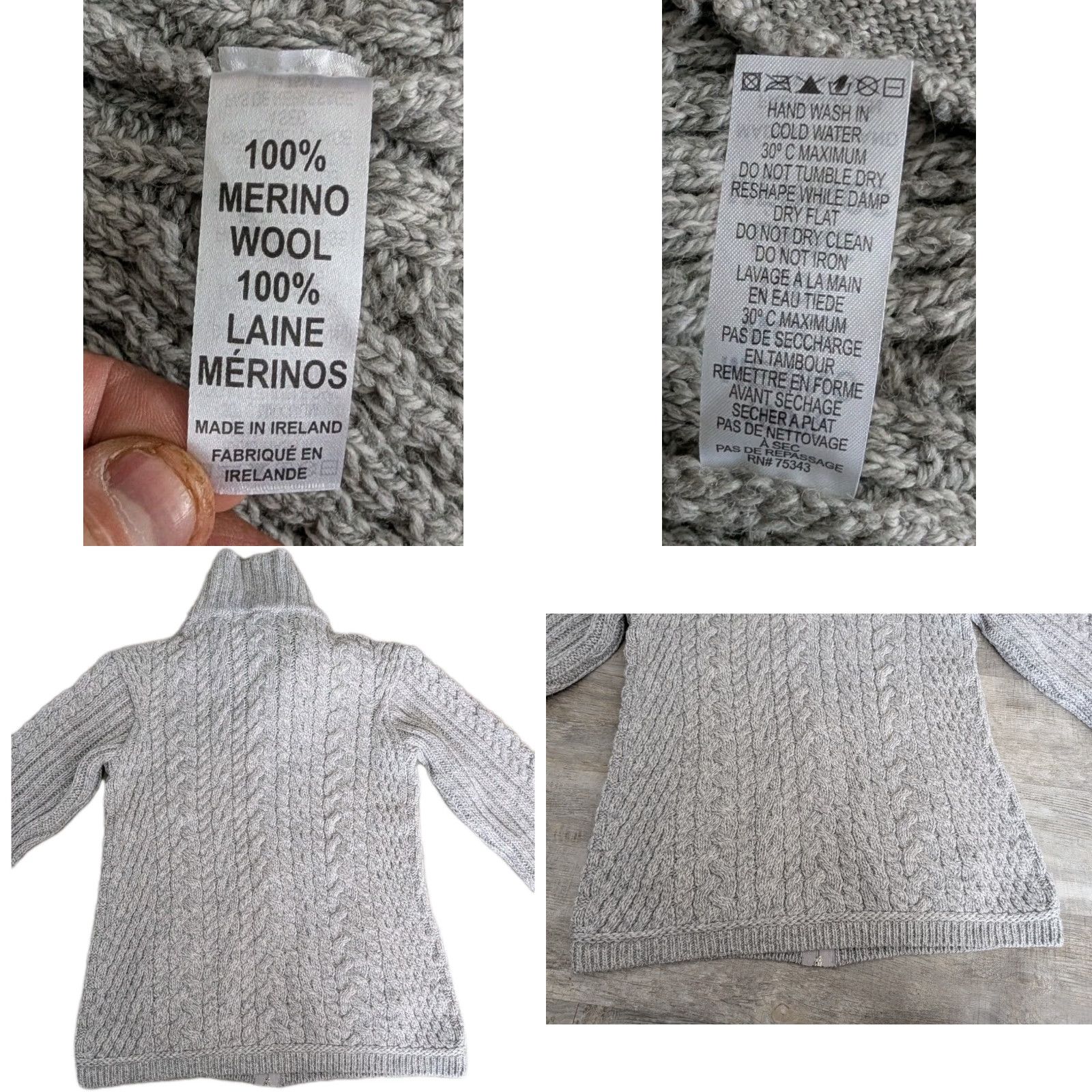 Vintage Aran Mor Sweater Cardigan Women Gray Merino Wool Cable Knit Full Zip Mock Neck Medium Size M / US 6-8 / IT 42-44 - 10 Thumbnail