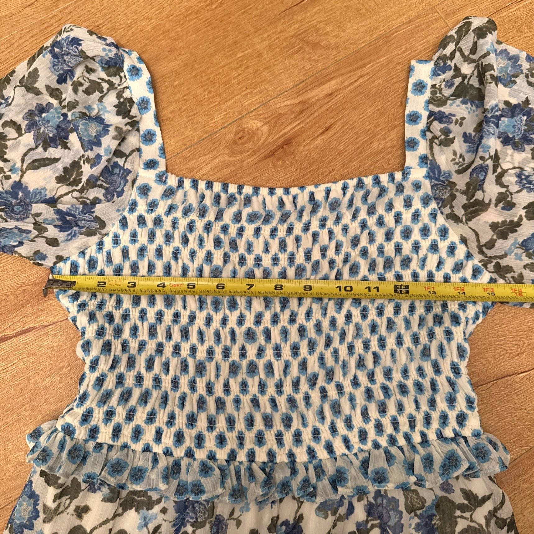 Vintage Taylor Maxi Dress Women Smith Taylor Sz 10 Chiffon blue floral Smocked Ruffle Sheer Tie Back Long Size L / US 10 / IT 46 - 5 Thumbnail