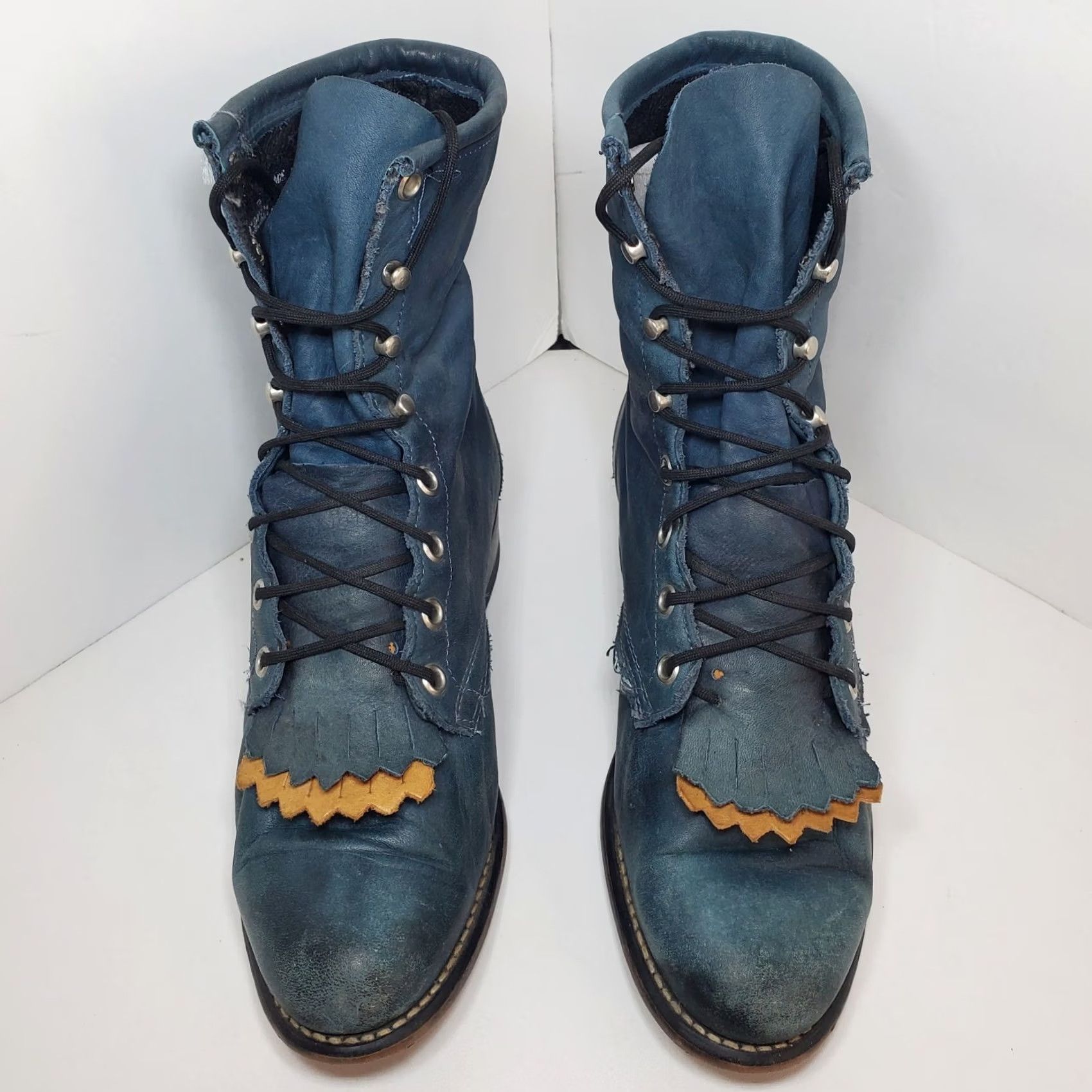 Vintage Laredo Roper Boots Womens 7M Teal Blue Leather Kiltie Western Riding Lace Up Fringe Vintage Cowboy Boot Mens? Ladies? Size US 7 / IT 37 - 3 Thumbnail
