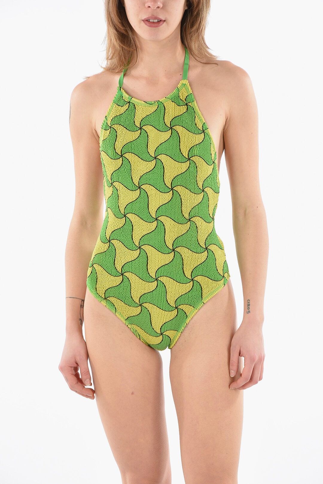 Bottega Veneta BOTTEGA VENETA green yellow one piece crinkle swimsuit M q Size 28" / US 6 / IT 42 - 1 Thumbnail