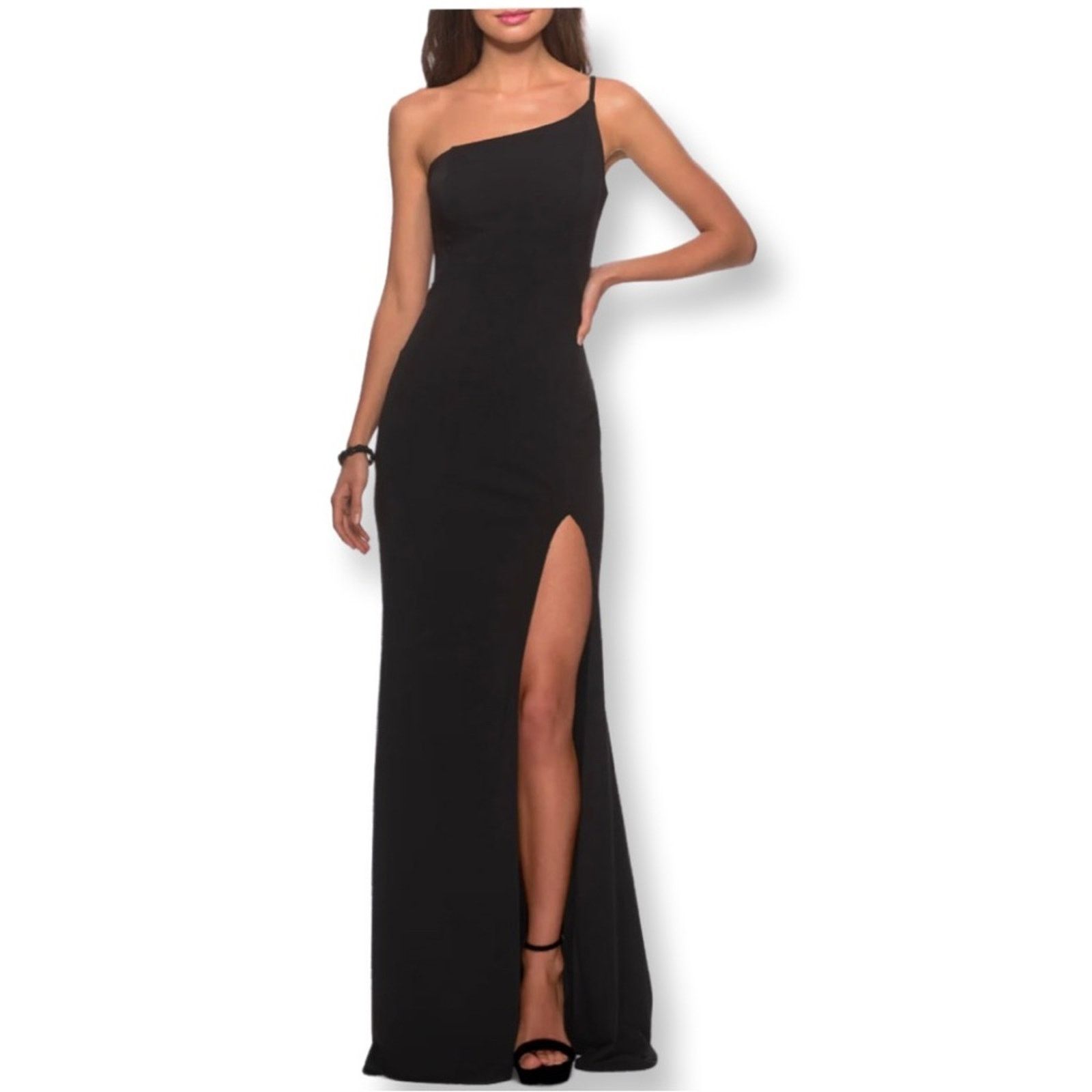 NWT La Femme One Shoulder Deep Front Slit Maxi Gown