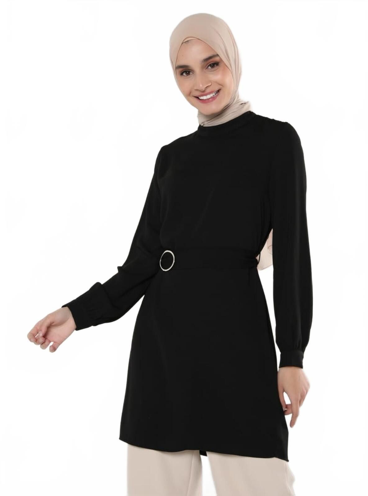 The Unbranded Brand Elegant Black Long Sleeve Tunic with Belt Detail, Size - 12 Size XL / US 12-14 / IT 48-50 - 4 Thumbnail