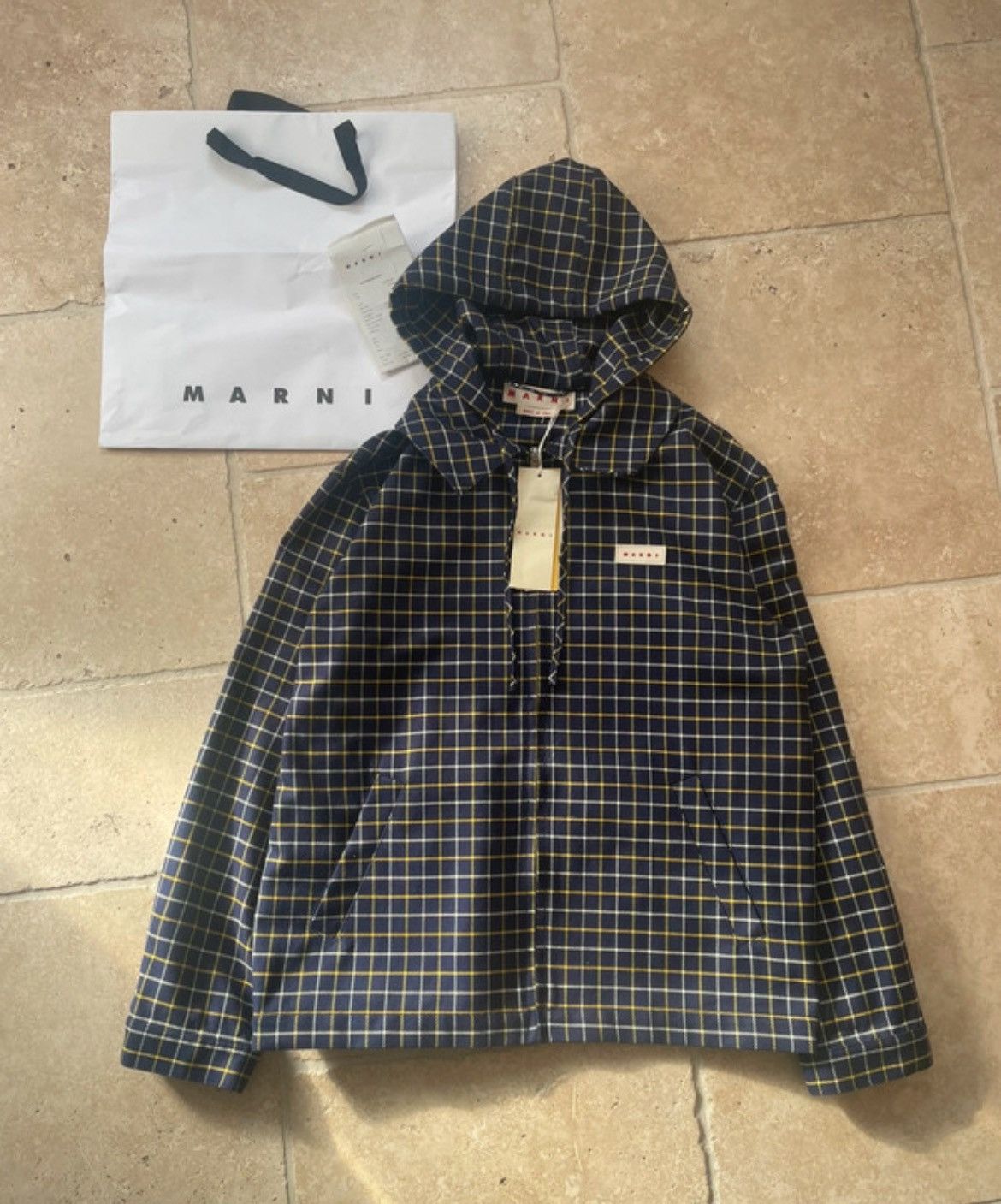 Marni Marni Wool Cotton Checked Navy Blue Hooded Zip Up Jacket Size US M / EU 48-50 / 2 - 1 Thumbnail