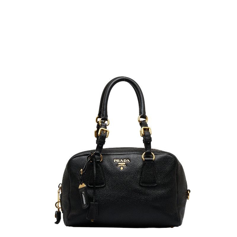 image of Prada Vitello Dino Gold Hardware Handbag Mini Boston Bag Black Leather, Women's