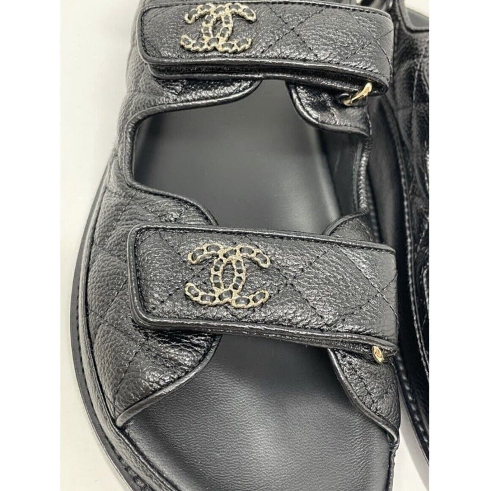 Chanel Black Leather Chain 38.5 EUR CC Quilted Flats Dad Sandals Size US 7.5 / IT 37.5 - 5 Thumbnail